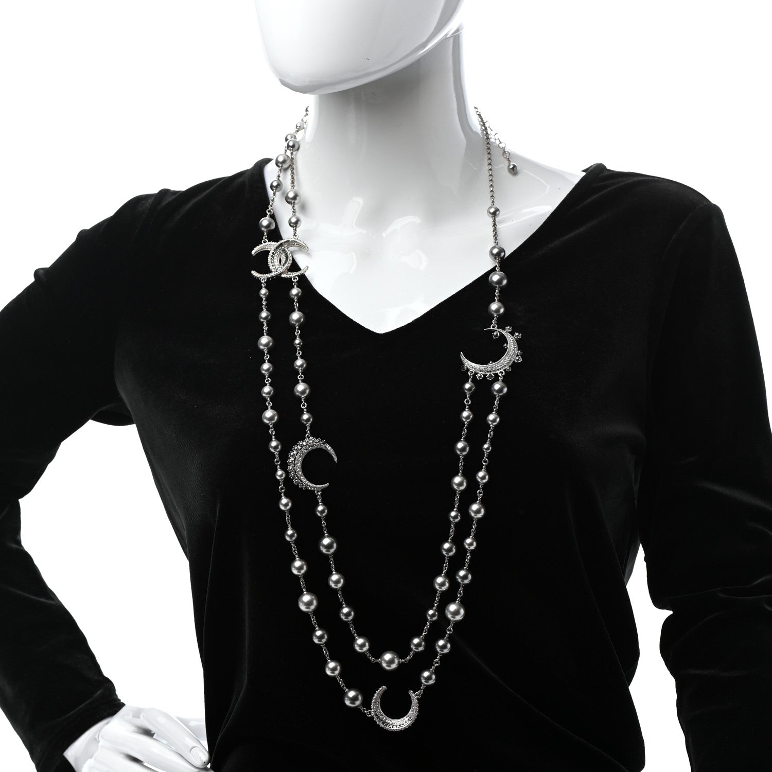Chanel Pearl Baguette Crystal CC Moon Long Necklace Silver 2 of 5