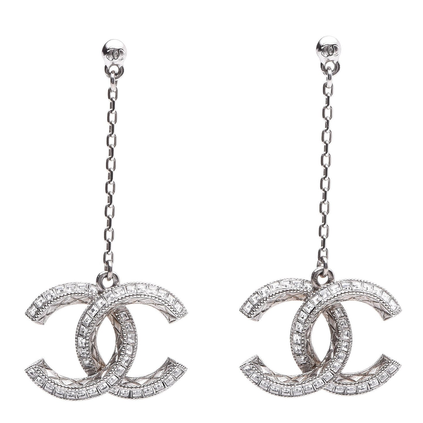 Baguette Crystal CC Dangle Earrings Silver