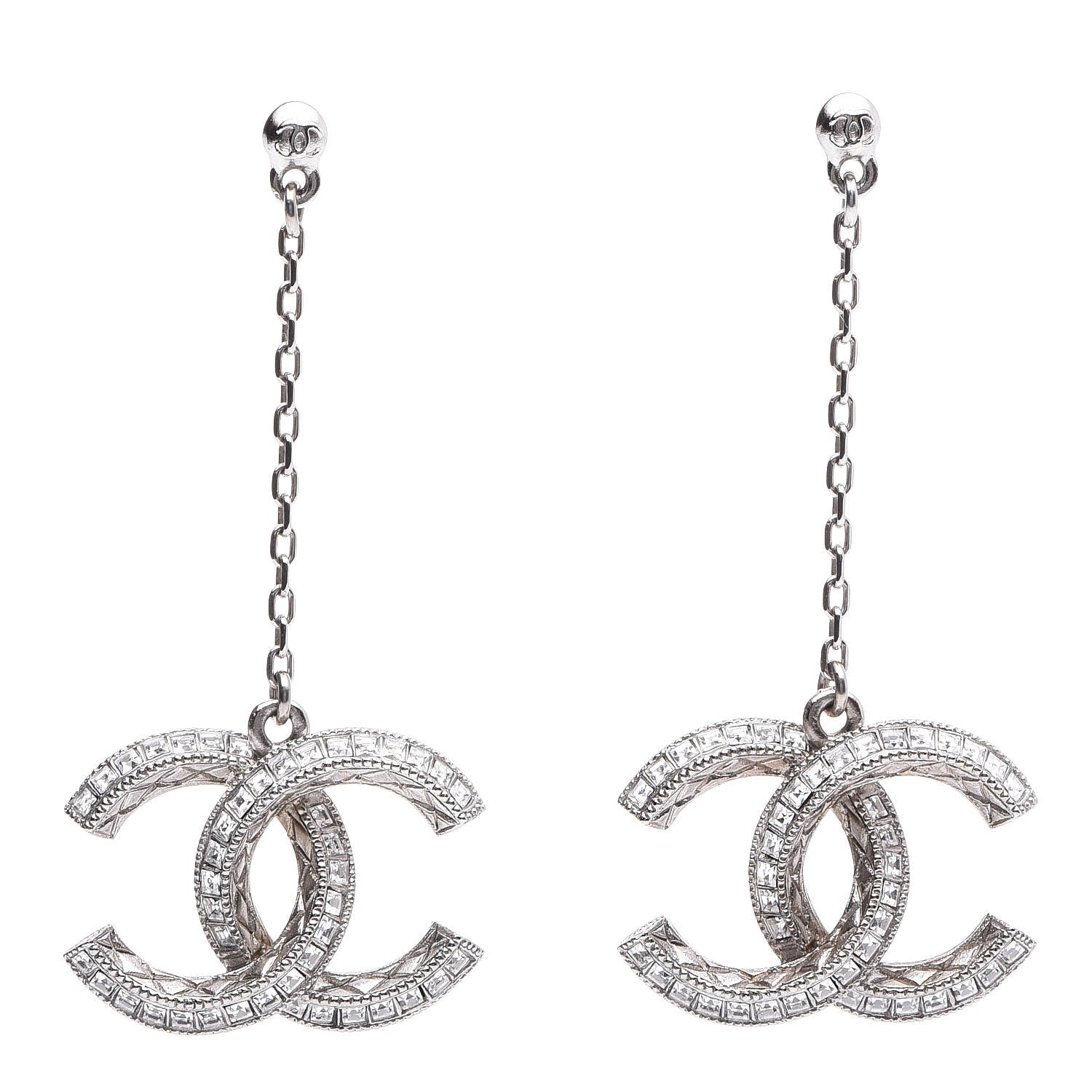 Chanel Baguette Crystal CC Dangle Earrings Silver 1 of 5