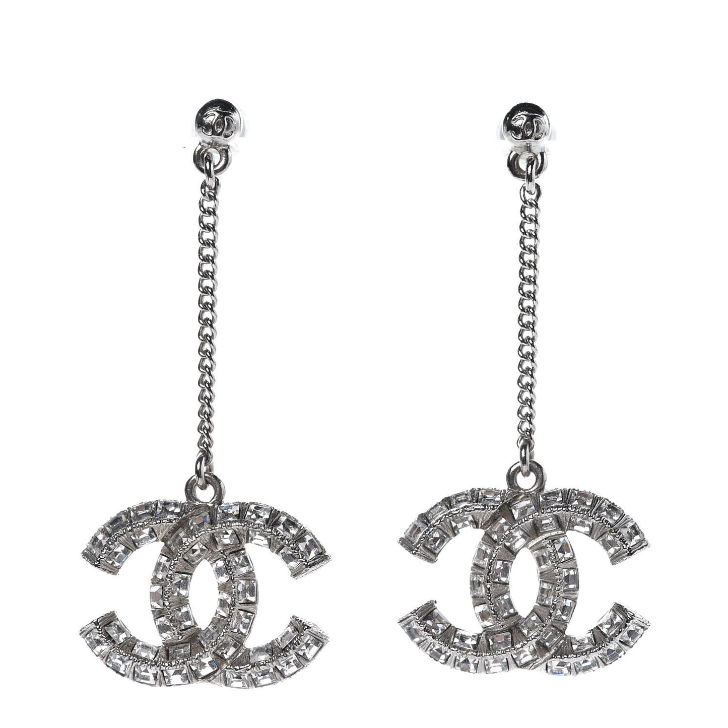 Baguette Crystal CC Drop Earrings Silver