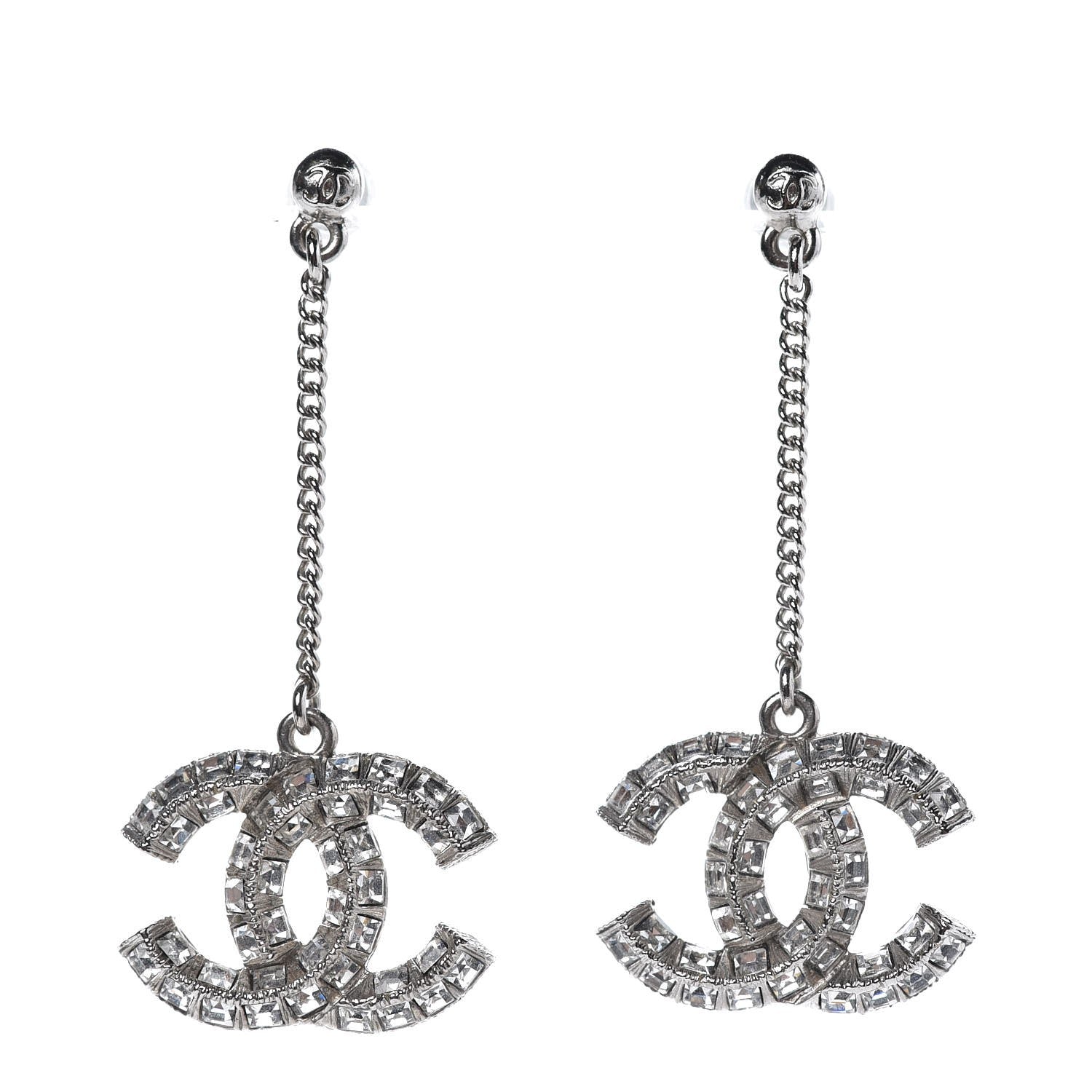 Chanel Baguette Crystal CC Drop Earrings Silver 1 of 4
