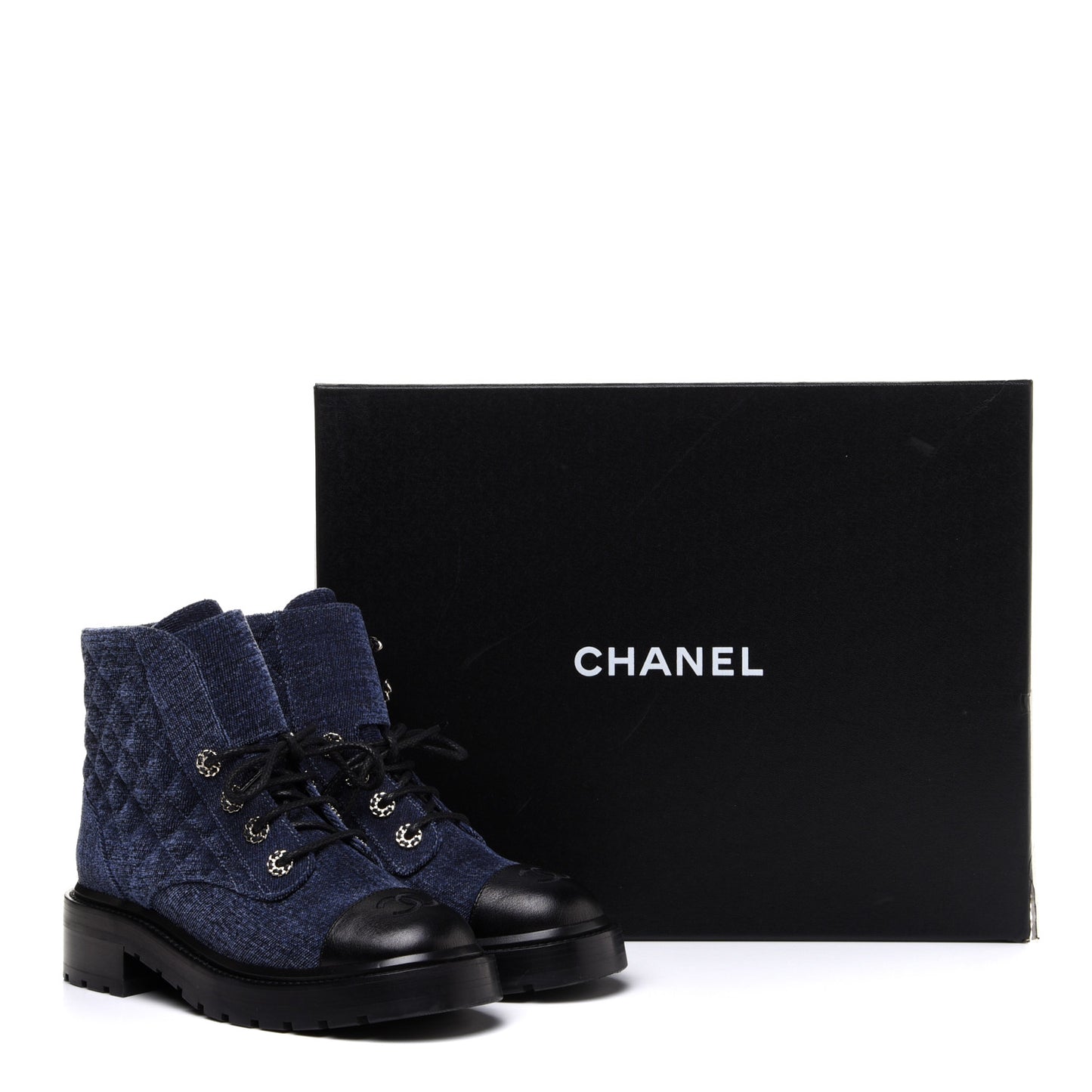 Shiny Calfskin Velvet Quilted Lace Up Combat Boots 37 Blue