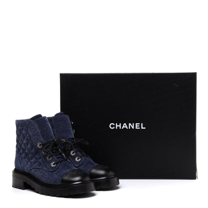 Chanel Shiny Calfskin Velvet Quilted Lace Up Combat Boots 37 Blue 13 of 13