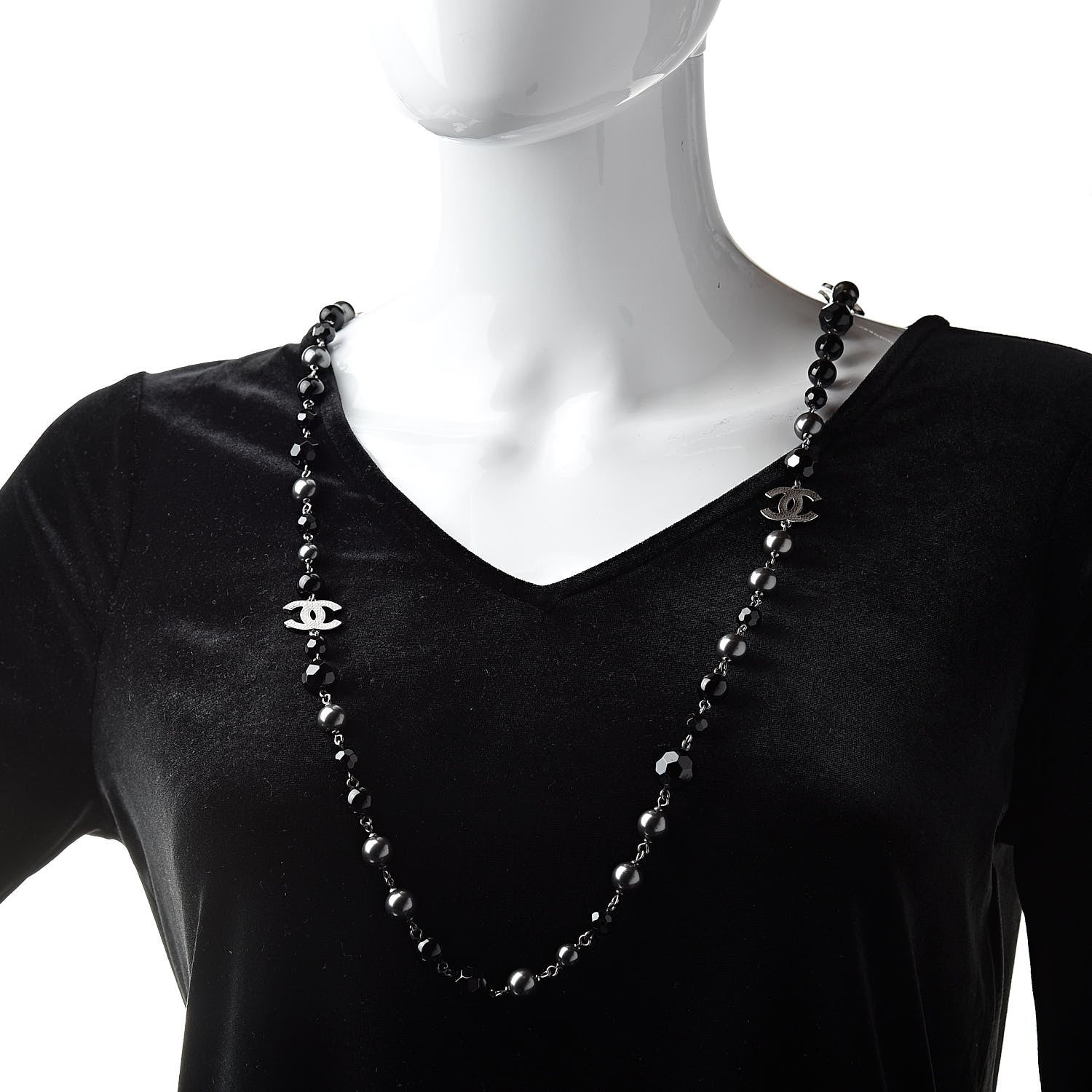 Chanel Pearl Bead Enamel CC Long Necklace Silver Black Grey 3 of 5
