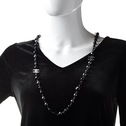 Chanel Pearl Bead Enamel CC Long Necklace Silver Black Grey 3 of 5
