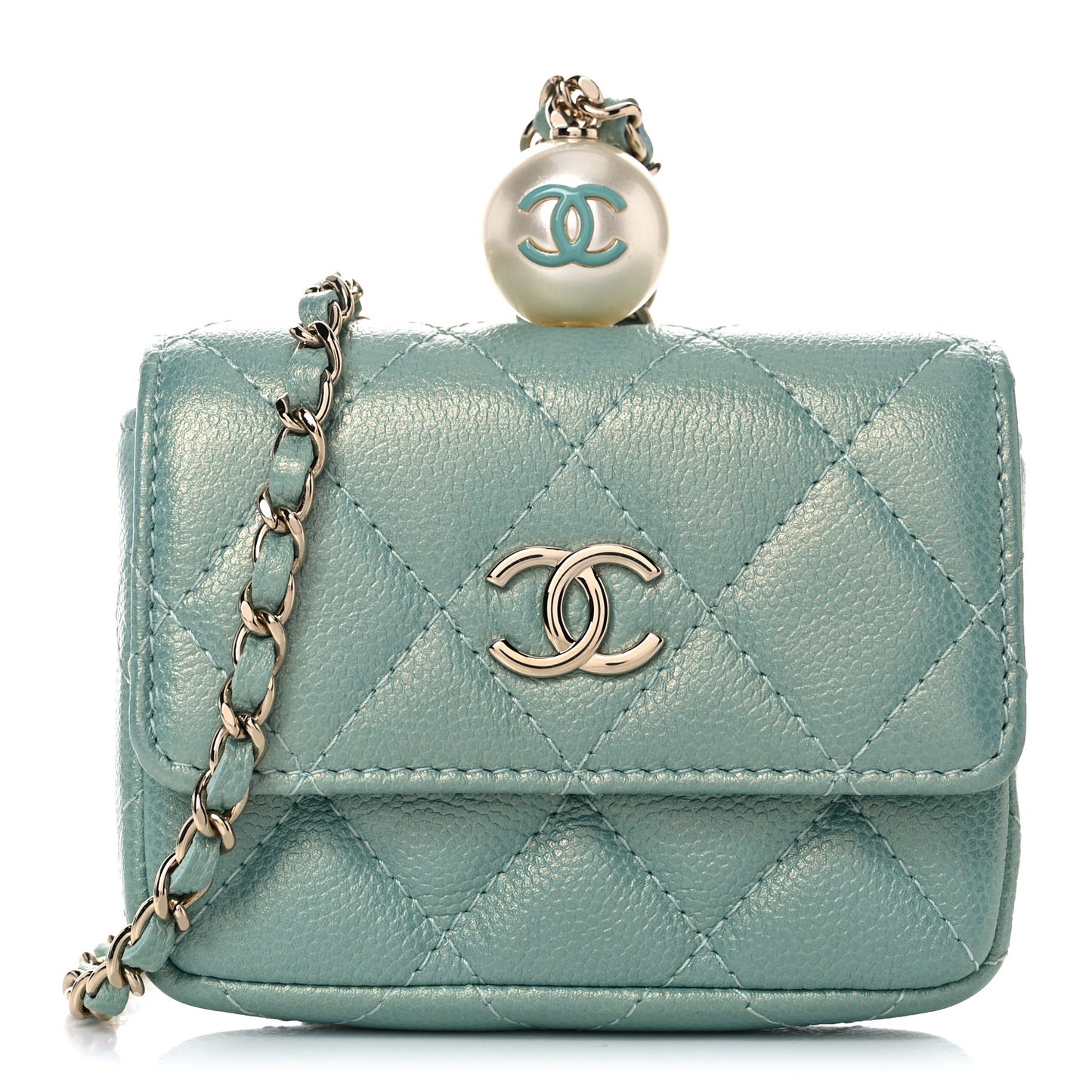 Iridescent Caviar Quilted Pearl On Top Coin Purse With Chain Light Green