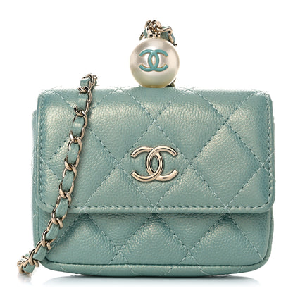 Chanel Iridescent Caviar Quilted Pearl On Top Coin Purse With Chain Light Green 1 of 11