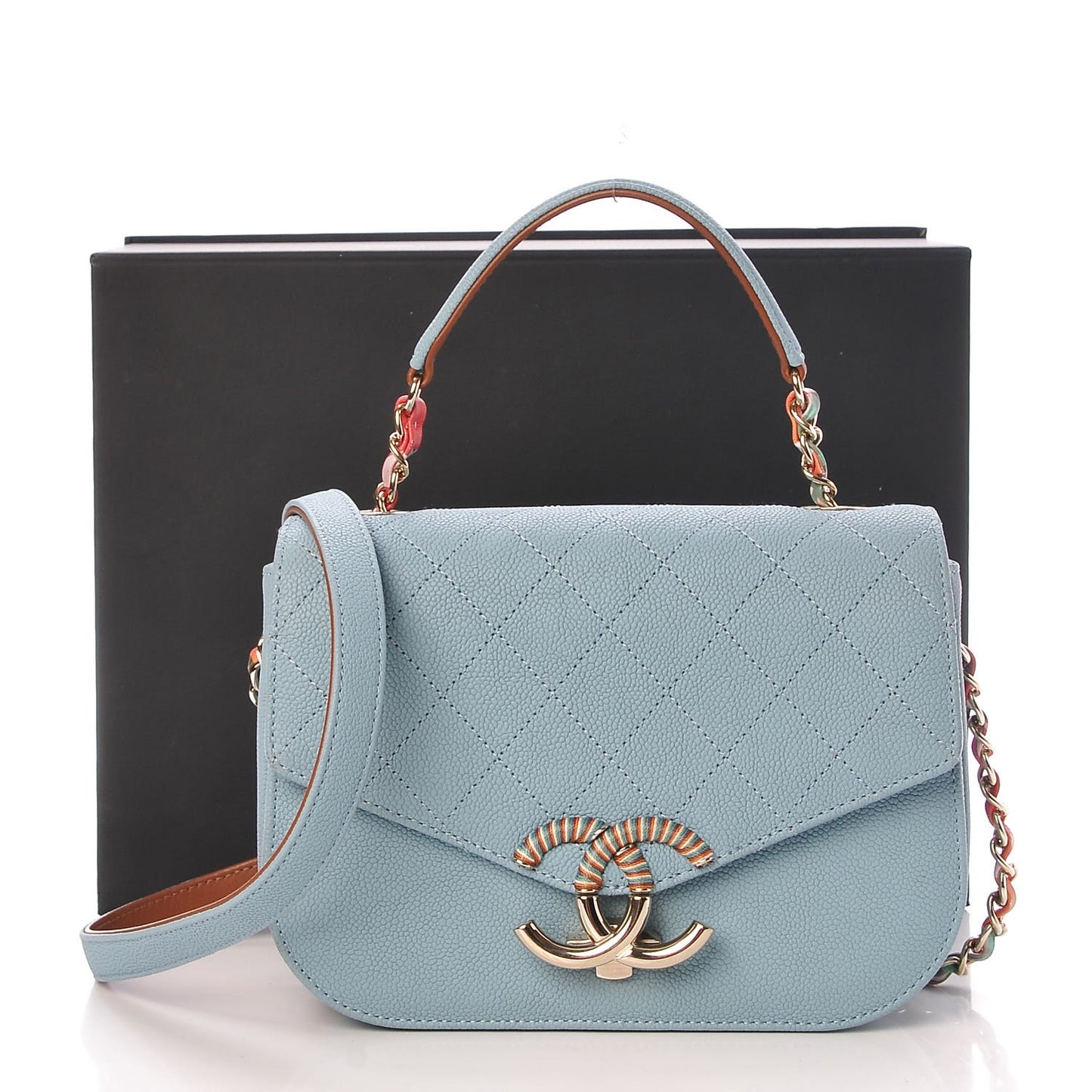 Grained Calfskin Quilted Small Cuba Top Handle Flap Blue