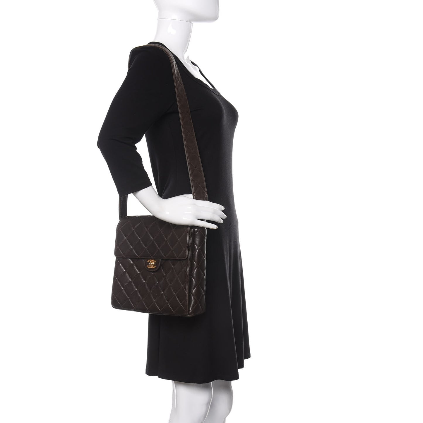 Lambskin Quilted Flap Shoulder Bag Dark Brown