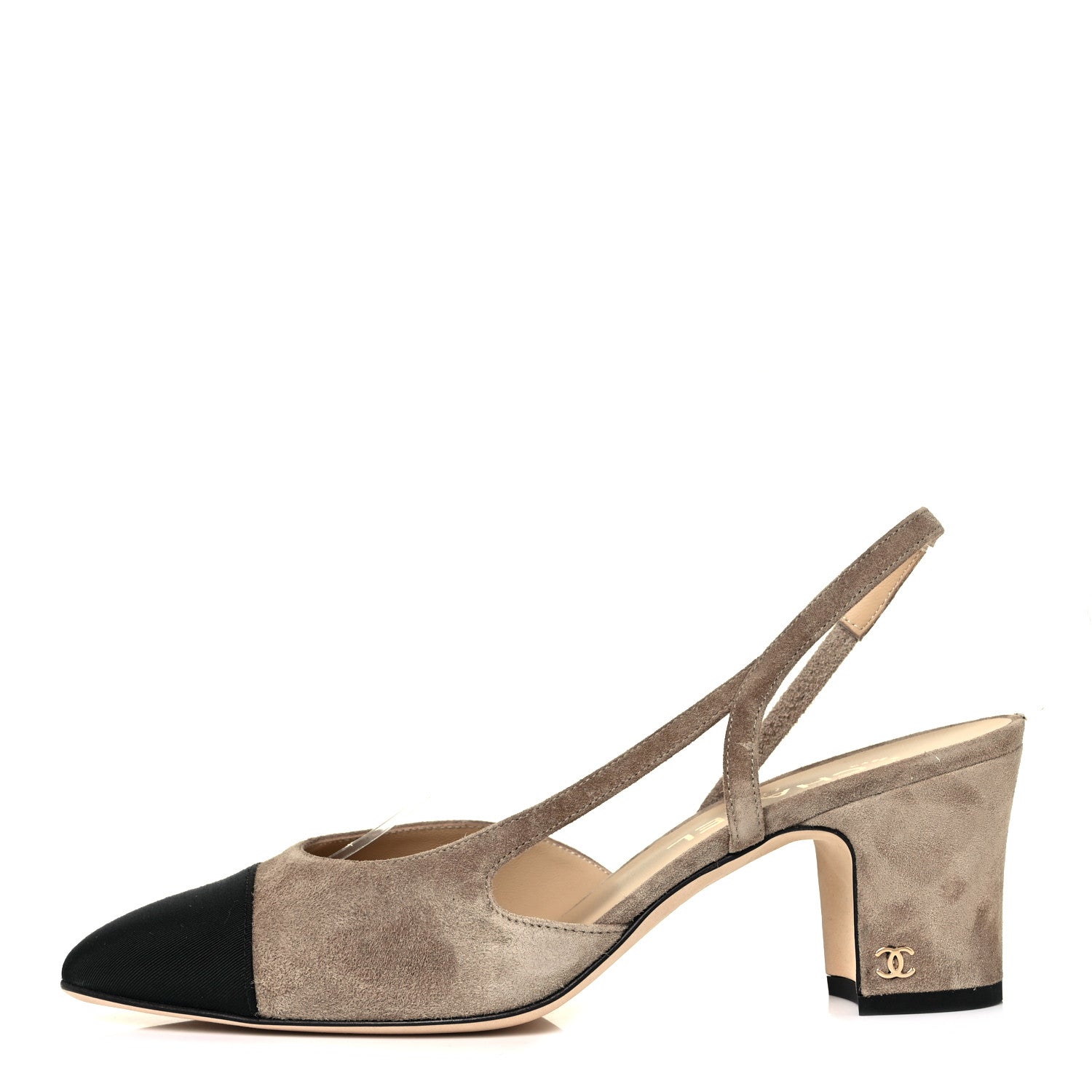 Chanel Suede Grosgrain Cap Toe CC Slingback Pumps 39.5 Beige Black 1 of 9