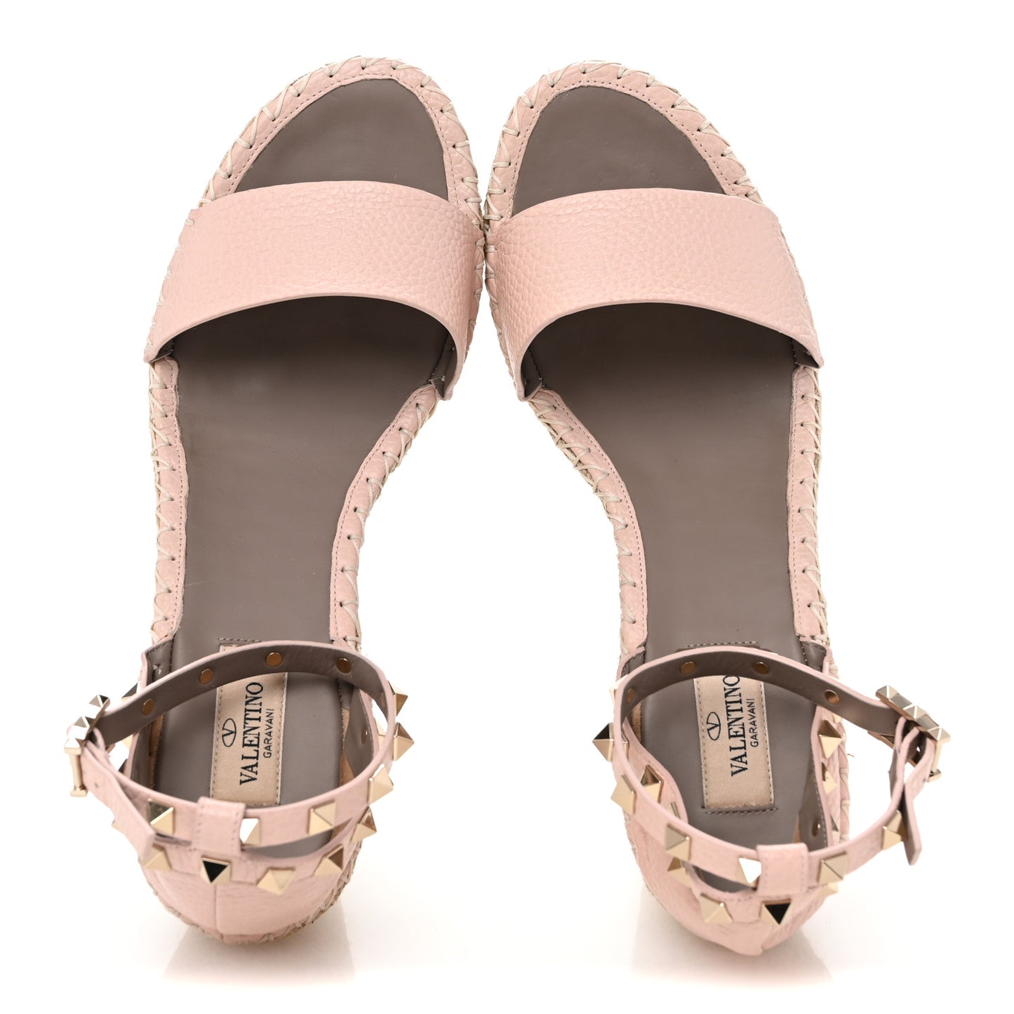 Grained Calfskin Rockstud Ankle Strap Espadrille 15/105mm Wedge Sandals 41 Rose Quartz Natural