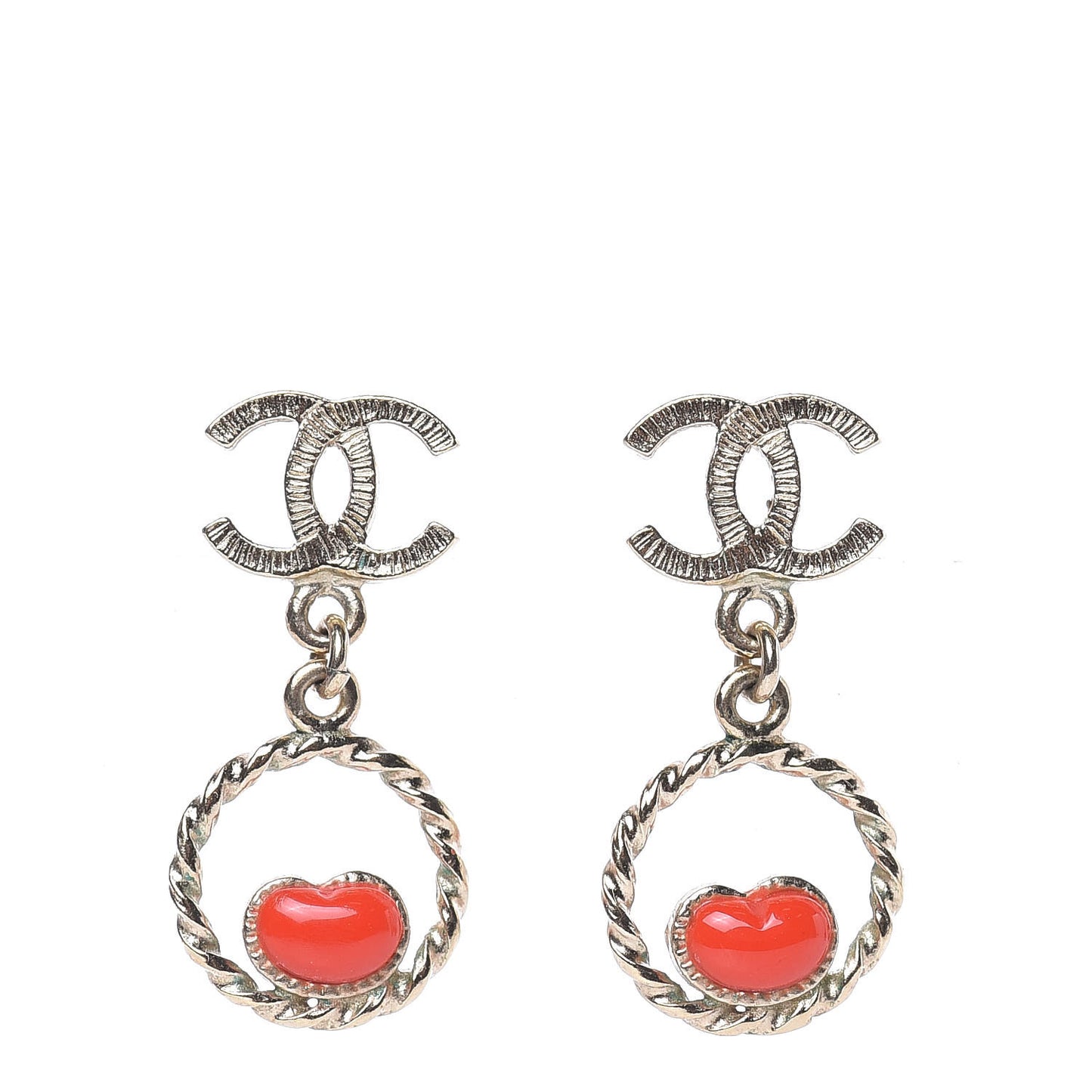 Enamel CC Heart Drop Earrings Red Gold
