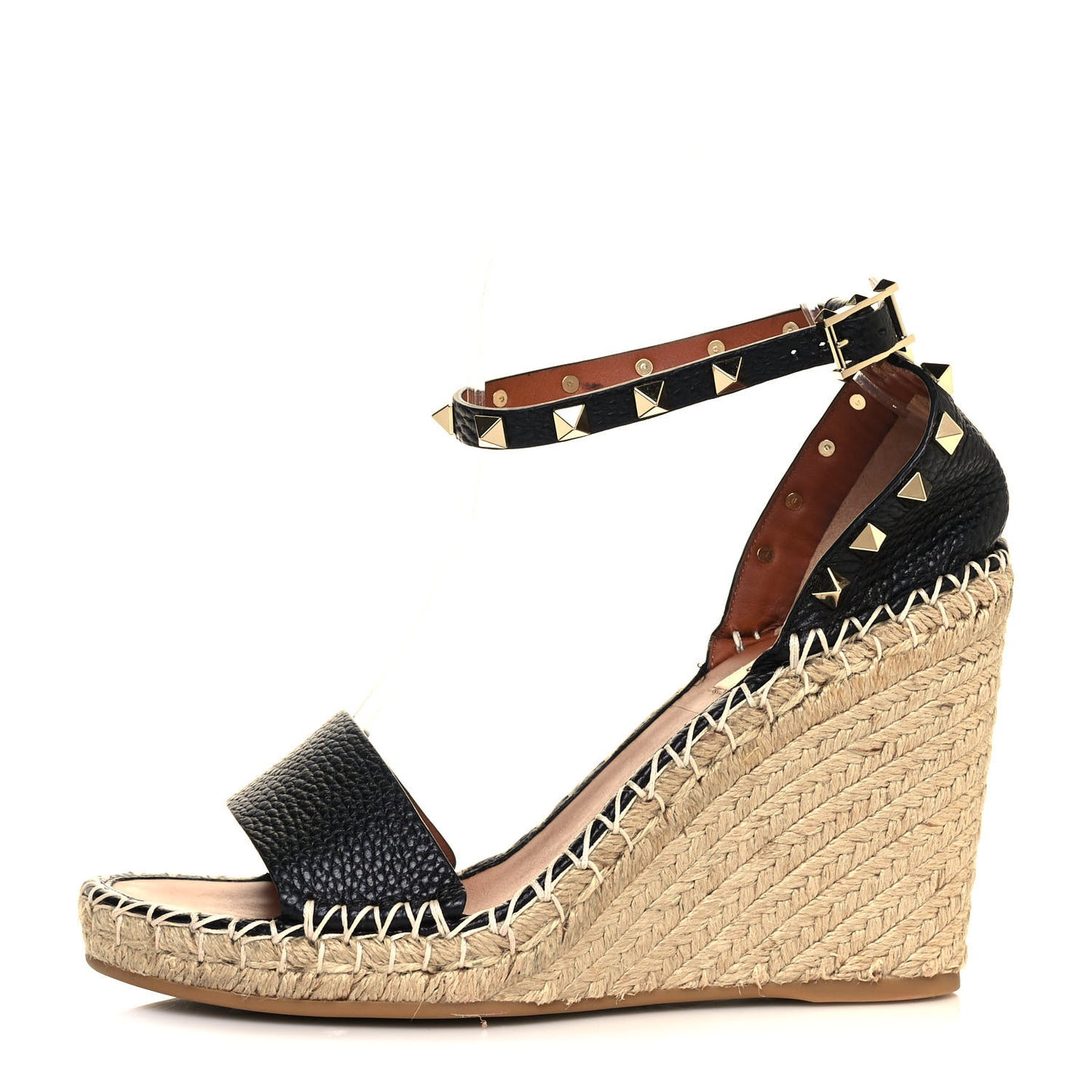 Grained Calfskin Rockstud Ankle Strap Espadrille 15/105mm Wedge Sandals 38 Black Light Cuir Natural