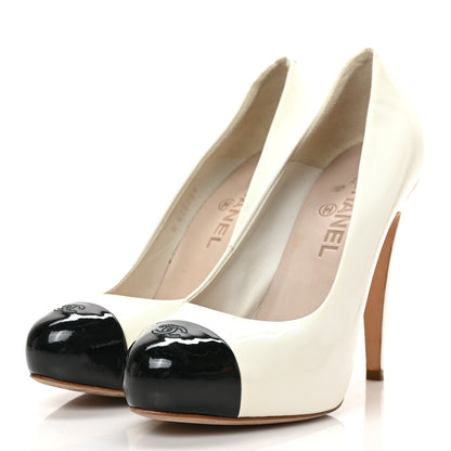 Chanel Patent Cap Toe CC Pumps 38.5 White Black 3 of 8