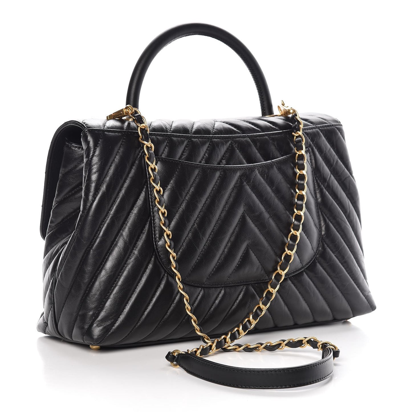 Calfskin Chevron Quilted Large Coco Handle Flap Light Black