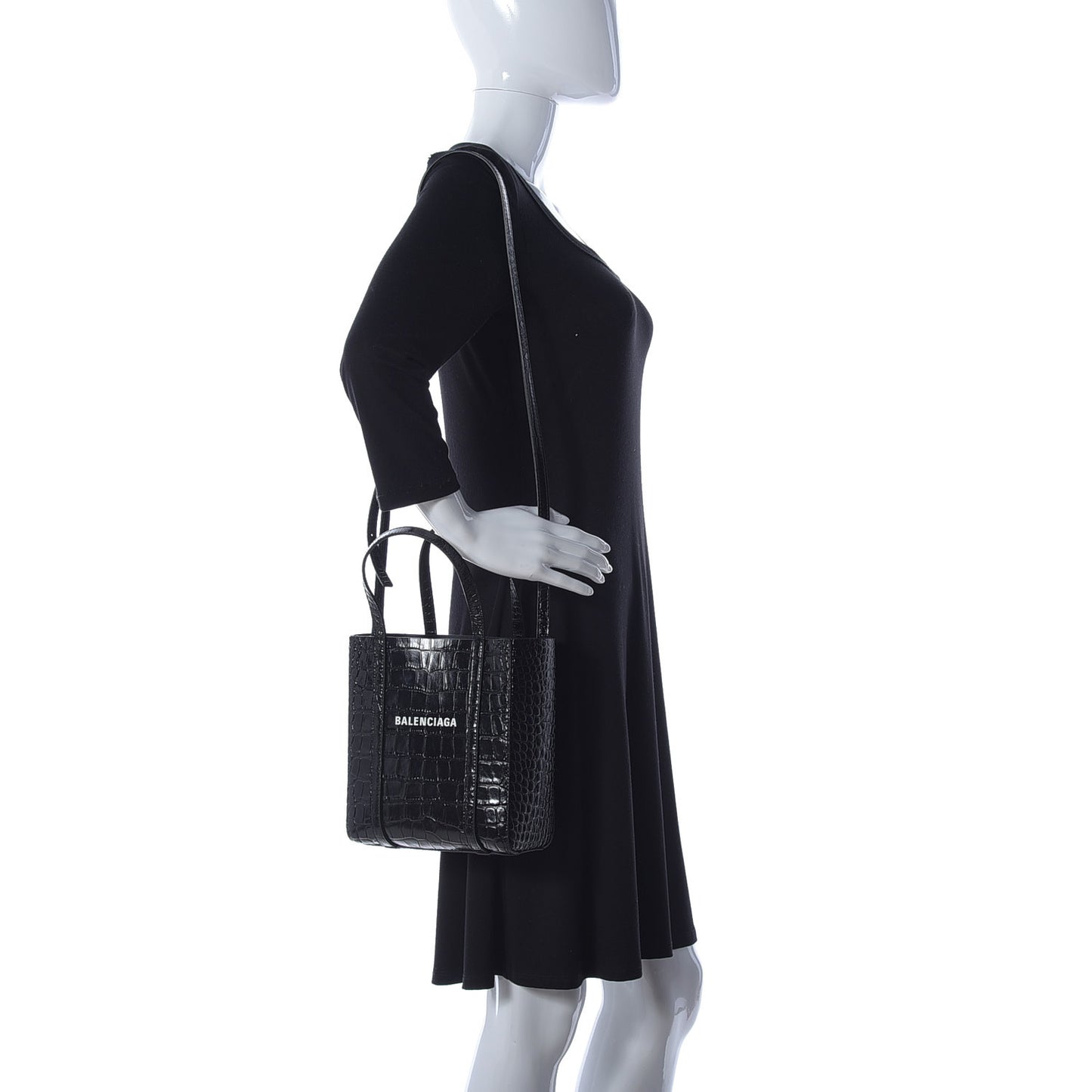 Shiny Calfskin Logo Crocodile Embossed XXS Everyday Tote Black