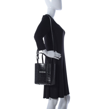 Balenciaga Shiny Calfskin Logo Crocodile Embossed XXS Everyday Tote Black 2 of 10