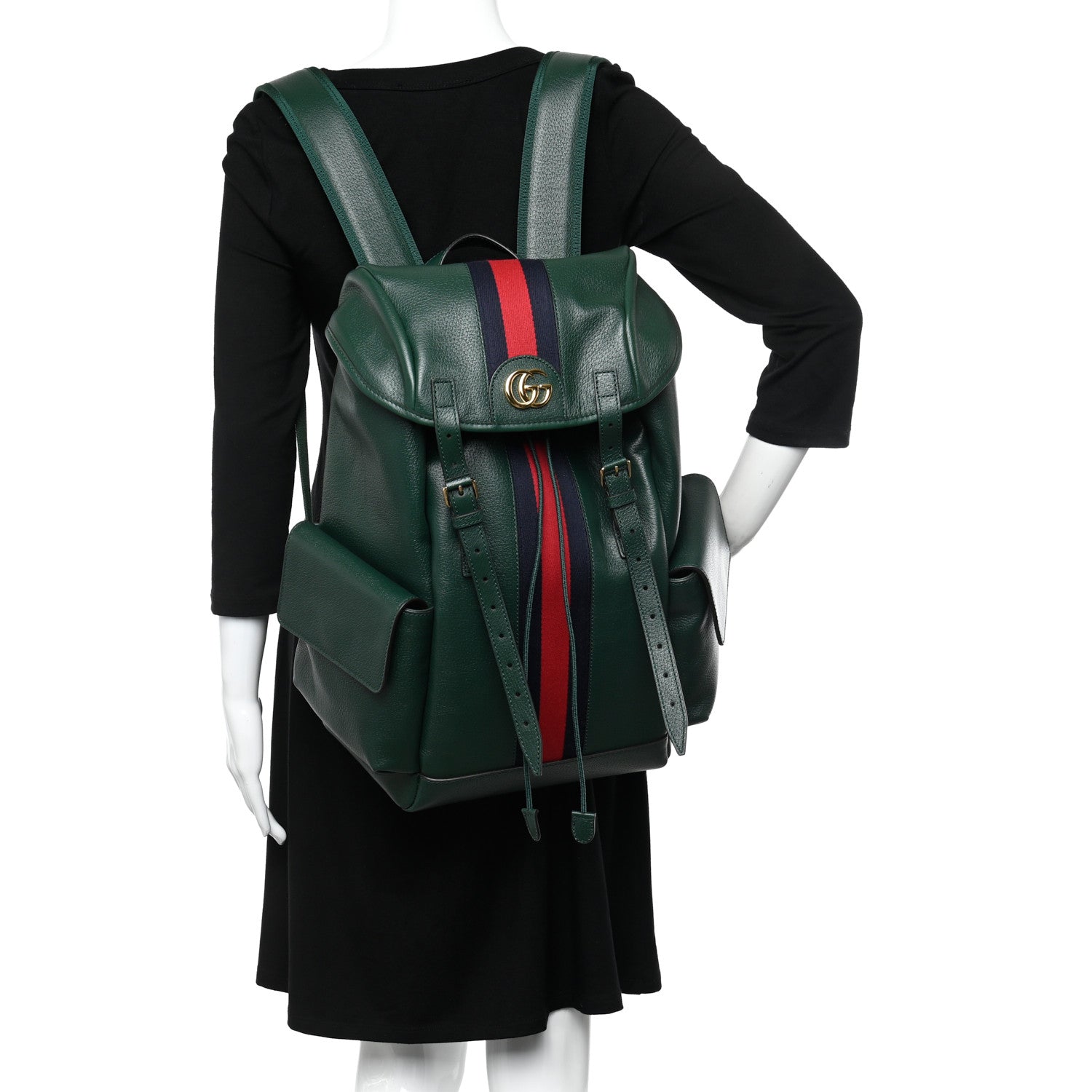 Gucci Grained Calfskin Medium Ophidia Double Buckle Backpack Green 2 of 9