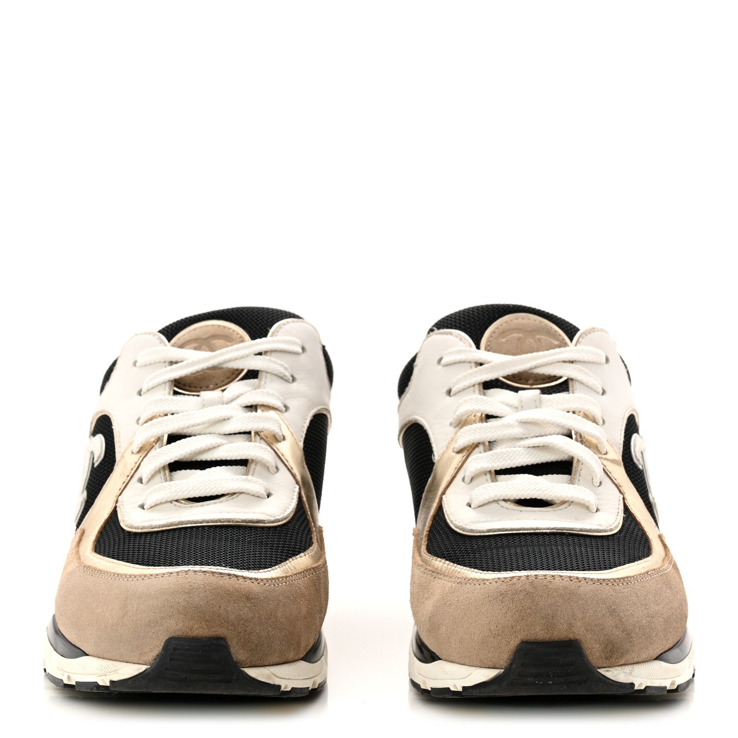 Chanel Mesh Suede Calfskin Grained Calfskin Womens CC Sneakers 41 White Black Beige Gold 3 of 11