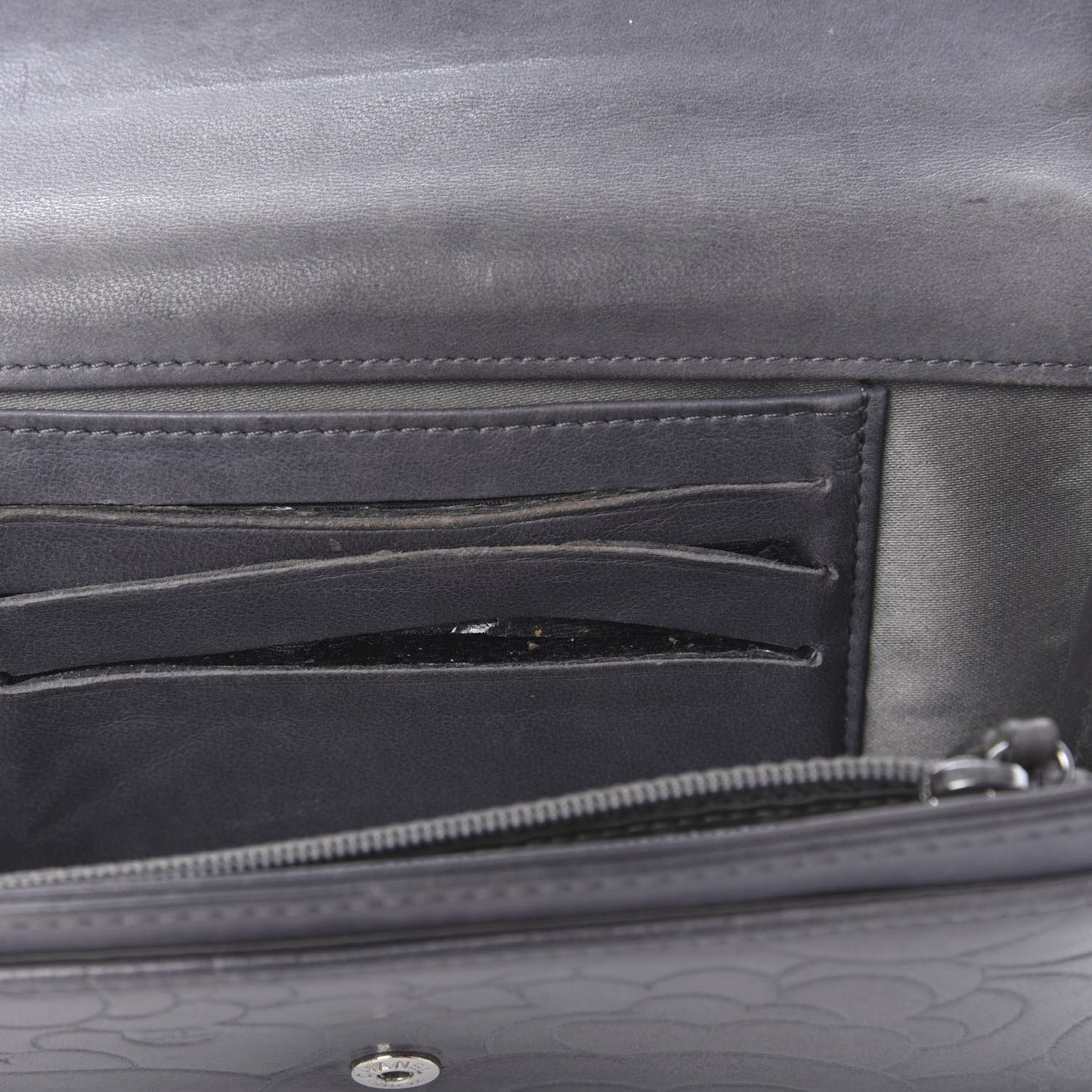 Lambskin Camellia Embossed Yen Wallet Grey