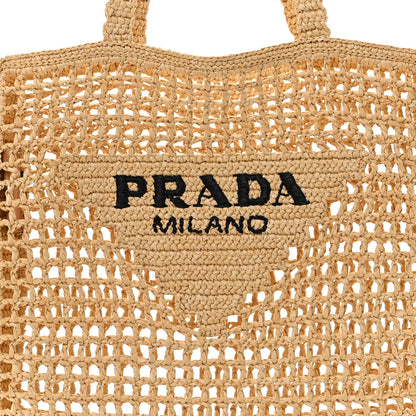 Prada Yarn Raffia Effect Crochet Logo Embroidered Tote Bag Naturale 8 of 10