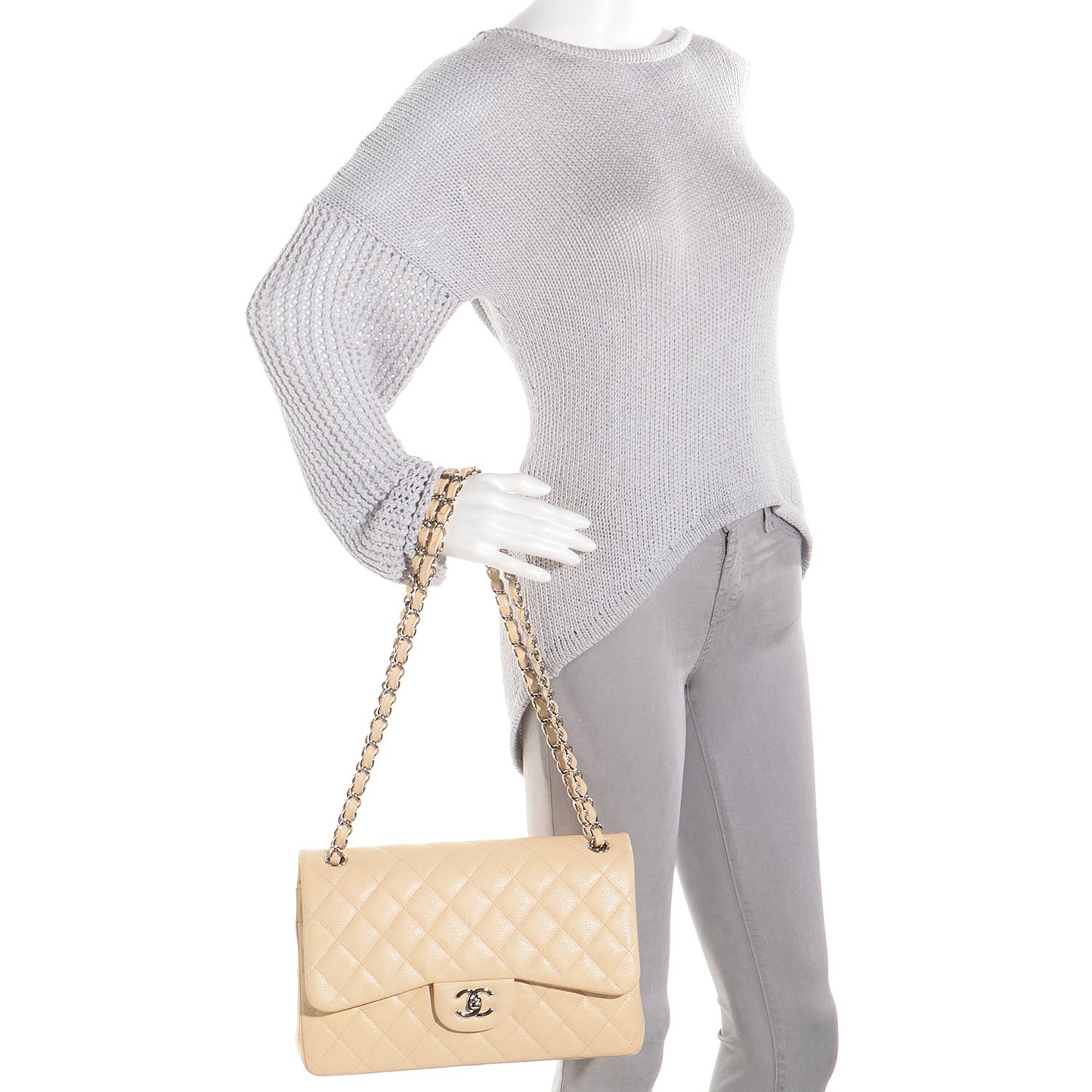 Caviar Jumbo Double Flap Beige Clair