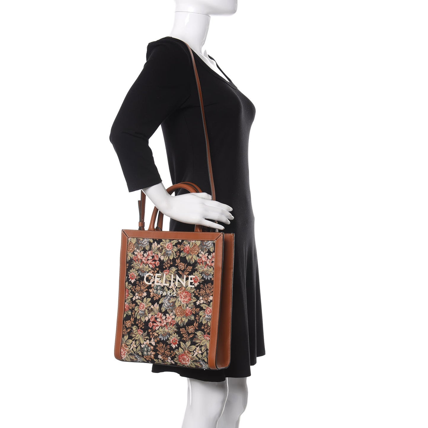 Canvas Calfskin Jacquard Floral Small Vertical Cabas Black Tan