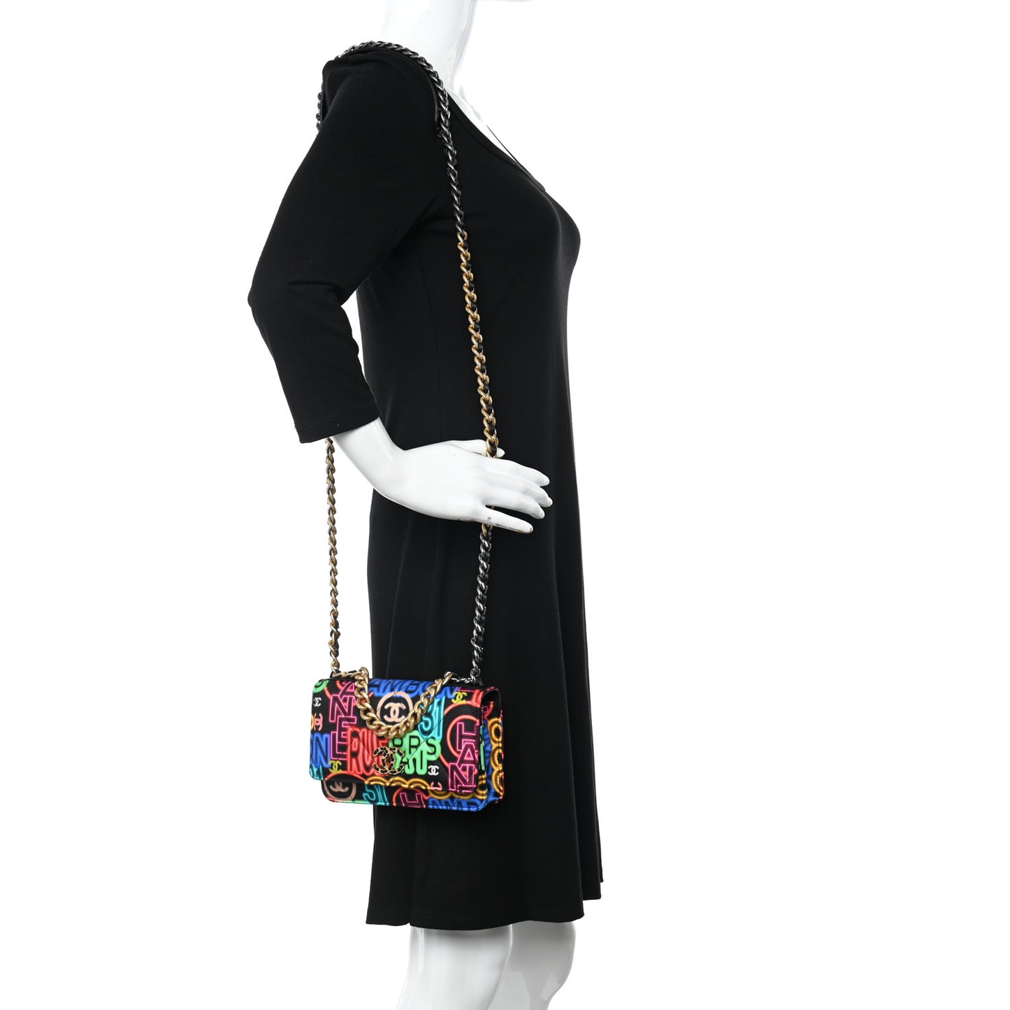 Fabric Printed Chanel 19 Wallet On Chain WOC Black Multicolor