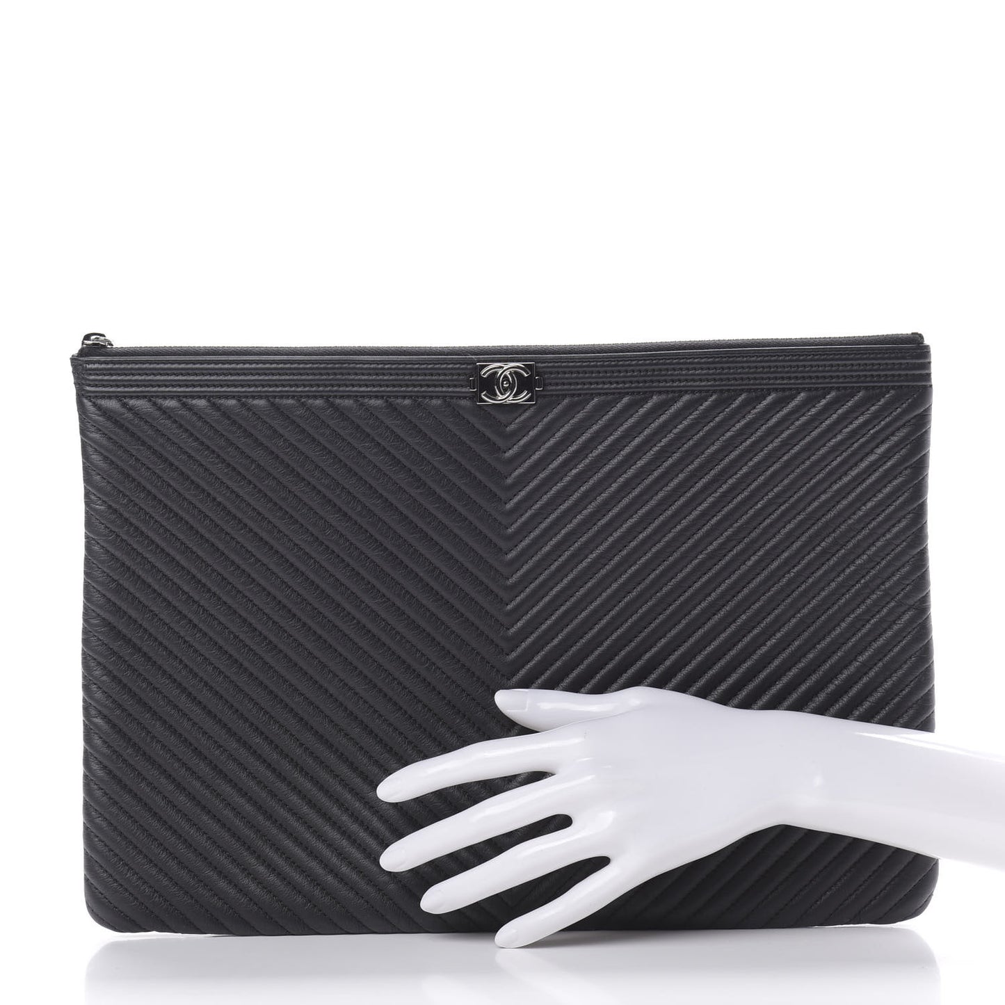 Calfskin Chevron Quilted Large Boy Cosmetic Case Black