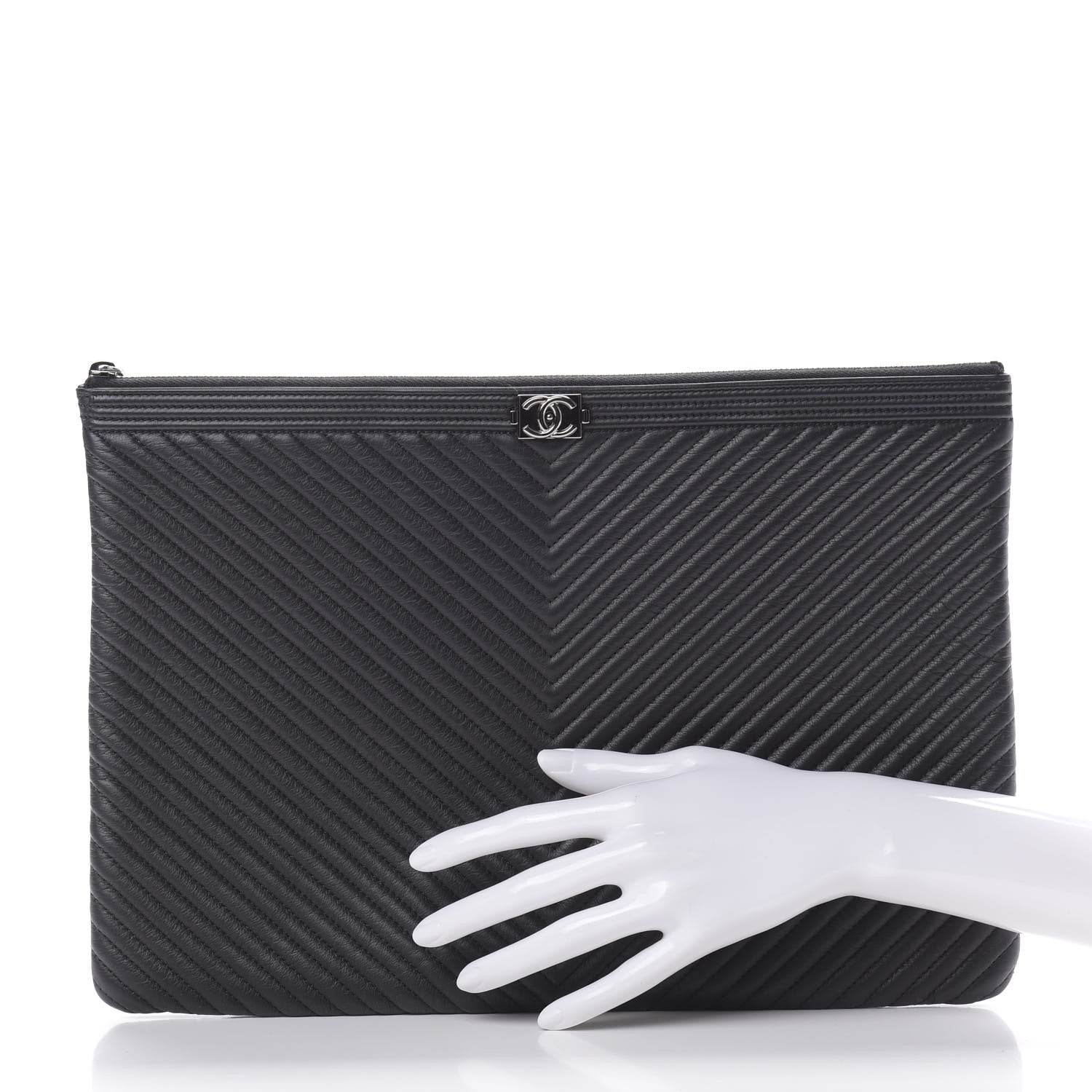 Chanel Calfskin Chevron Quilted Large Boy Cosmetic Case Black 2 of 7