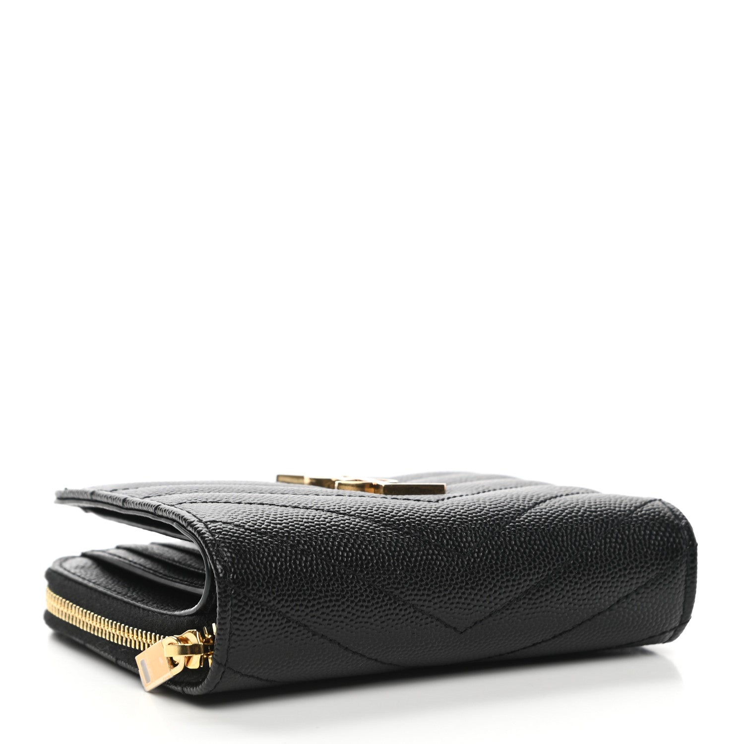 Saint Laurent Grain De Poudre Matelasse Chevron Monogram Compact Zip Around Wallet Black 4 of 10