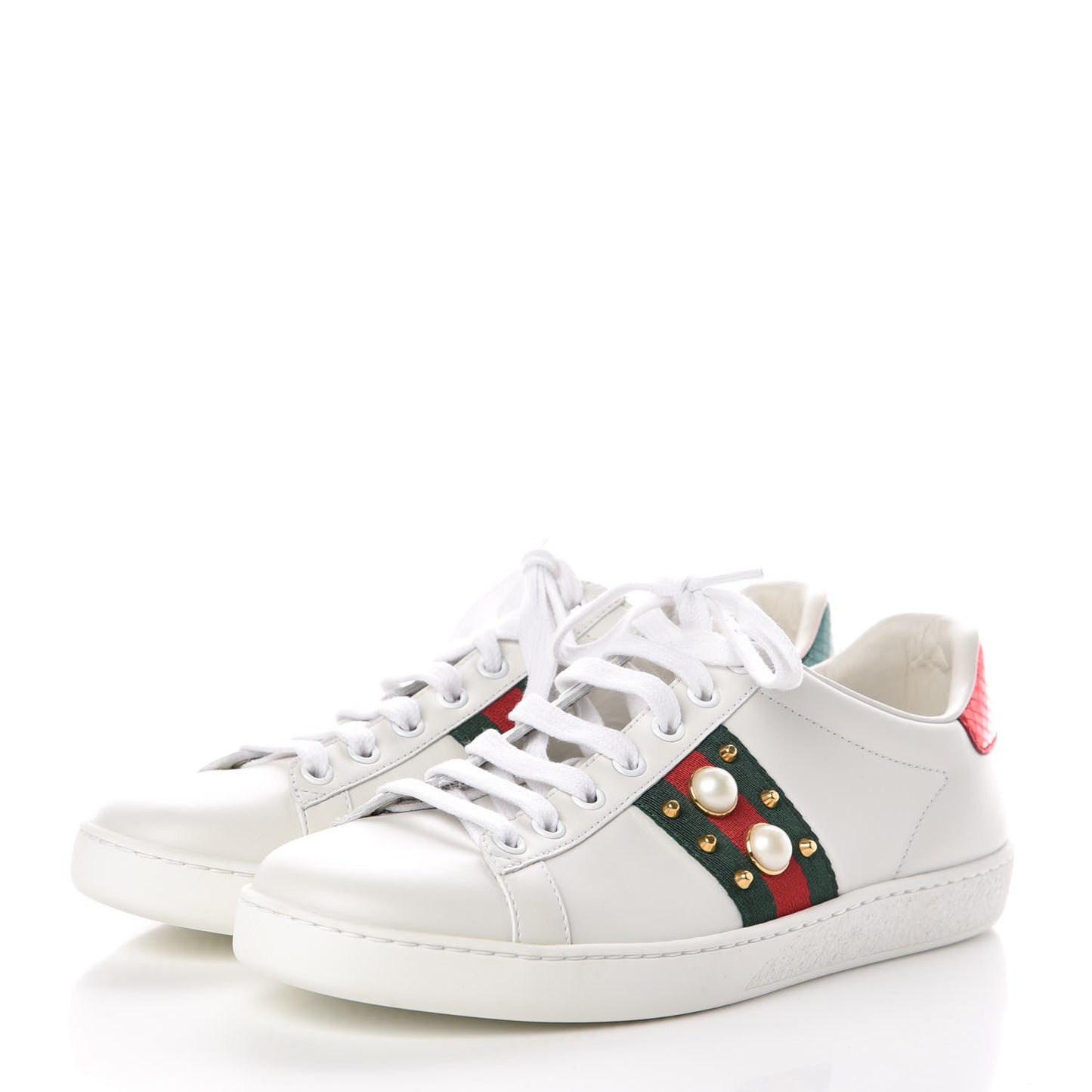 Calfskin Web Pearl Studded Womens Ace Sneakers 37.5 White