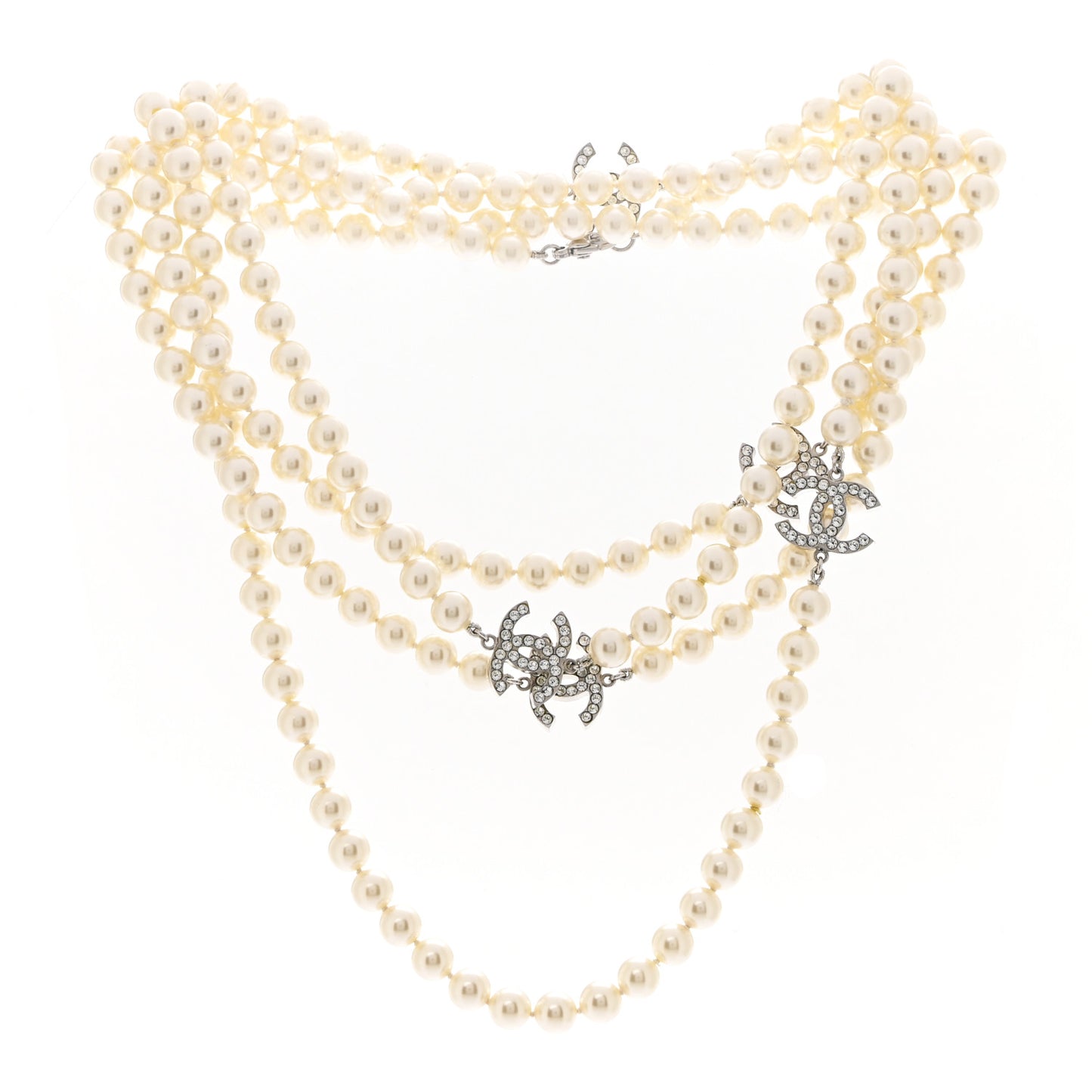 Crystal Pearl CC Long Necklace Silver