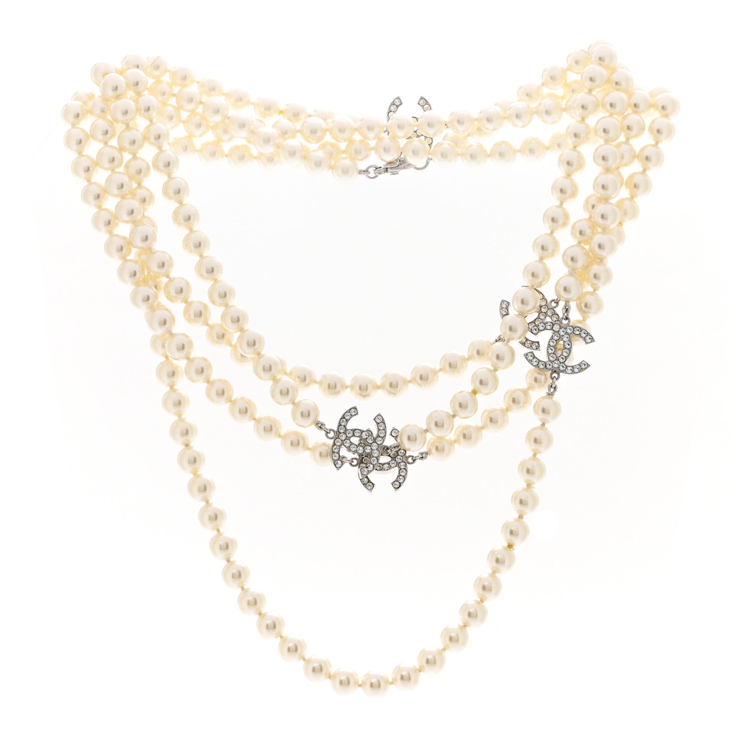 Chanel Crystal Pearl CC Long Necklace Silver 3 of 6