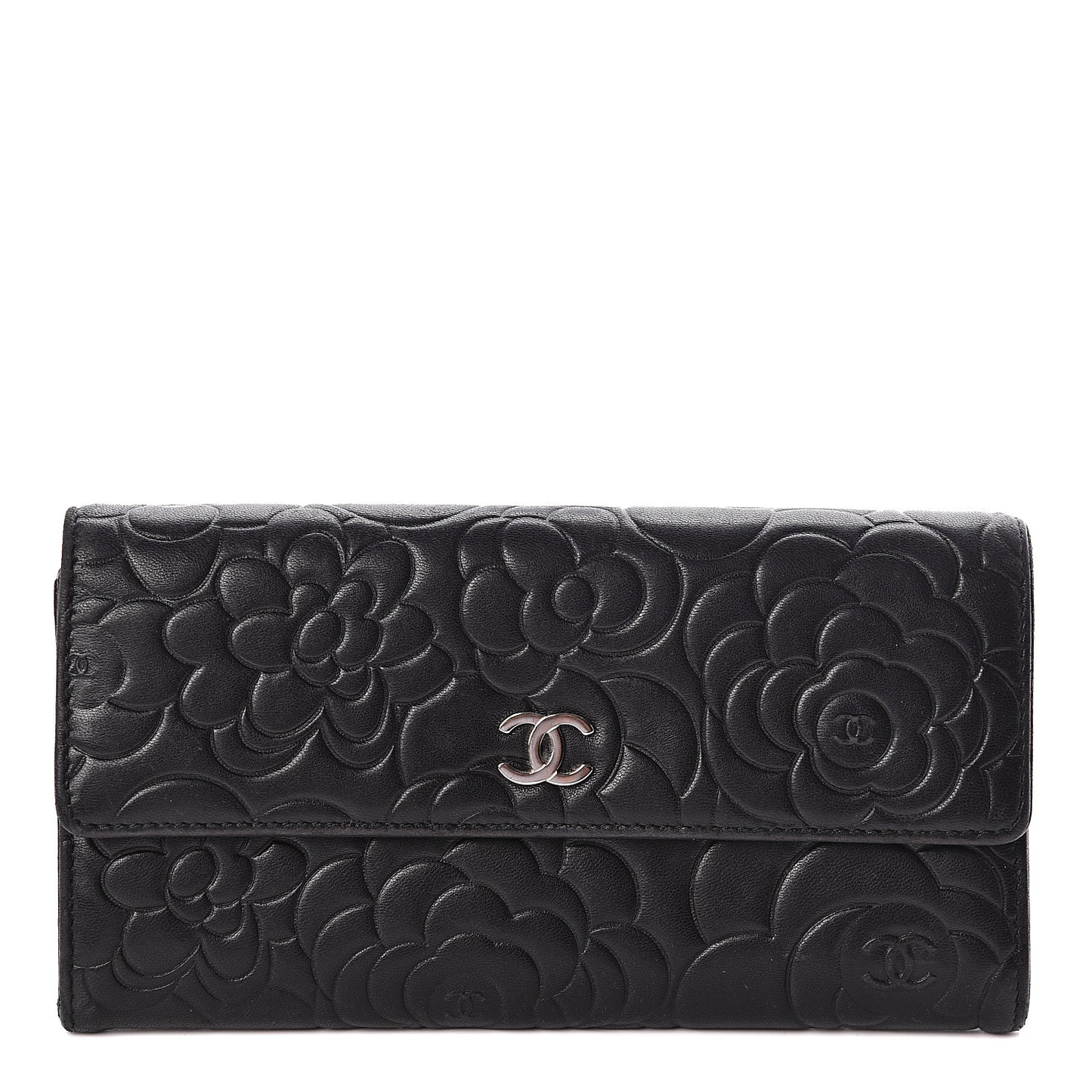 Lambskin Embossed Camellia Large Gusset Flap Wallet Black