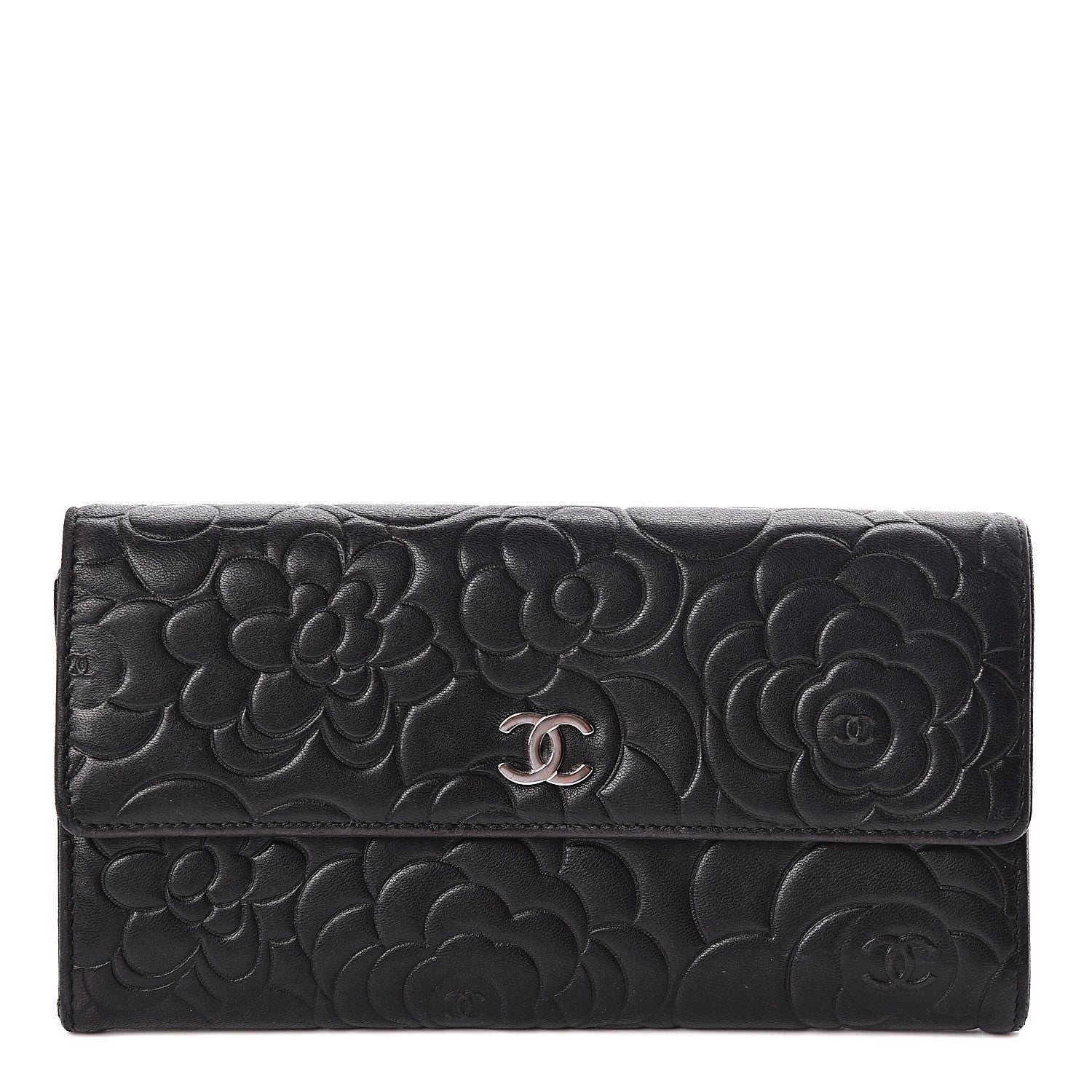 Chanel Lambskin Embossed Camellia Large Gusset Flap Wallet Black 1 of 14