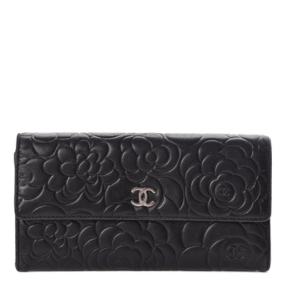 Chanel Lambskin Embossed Camellia Large Gusset Flap Wallet Black 1 of 14