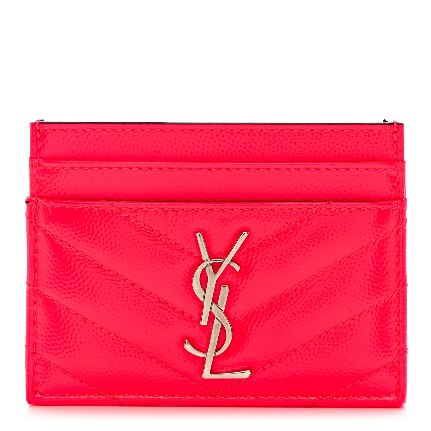 Patent Grain De Poudre Matelasse Chevron Monogram Credit Card Case Neon Pink
