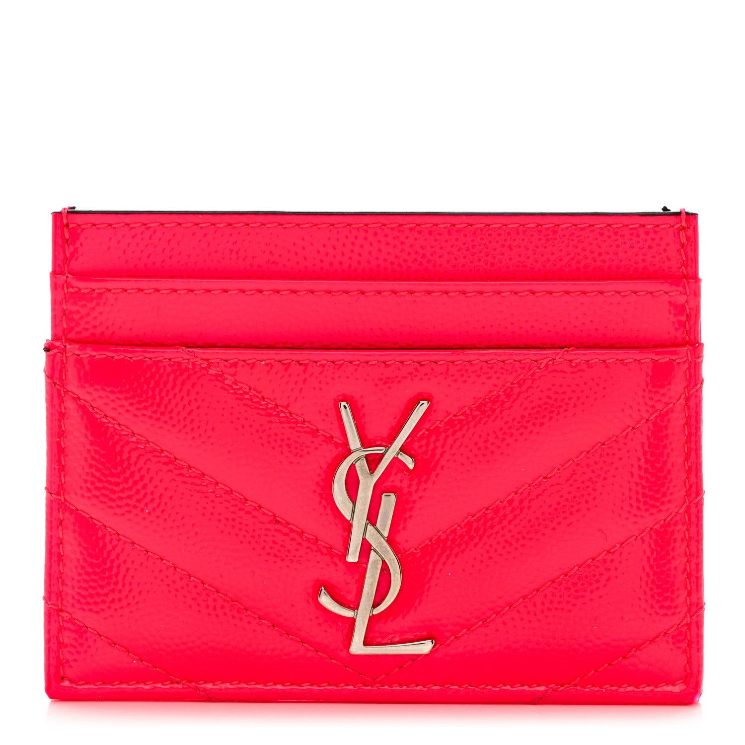 Saint Laurent Patent Grain De Poudre Matelasse Chevron Monogram Credit Card Case Neon Pink 1 of 7
