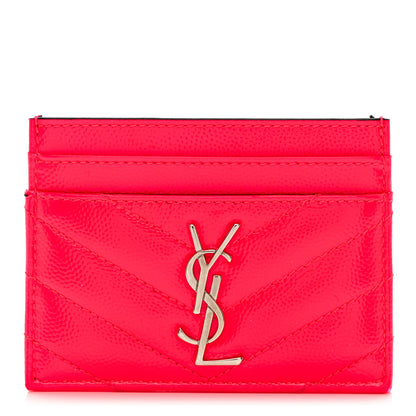 Saint Laurent Patent Grain De Poudre Matelasse Chevron Monogram Credit Card Case Neon Pink 1 of 7