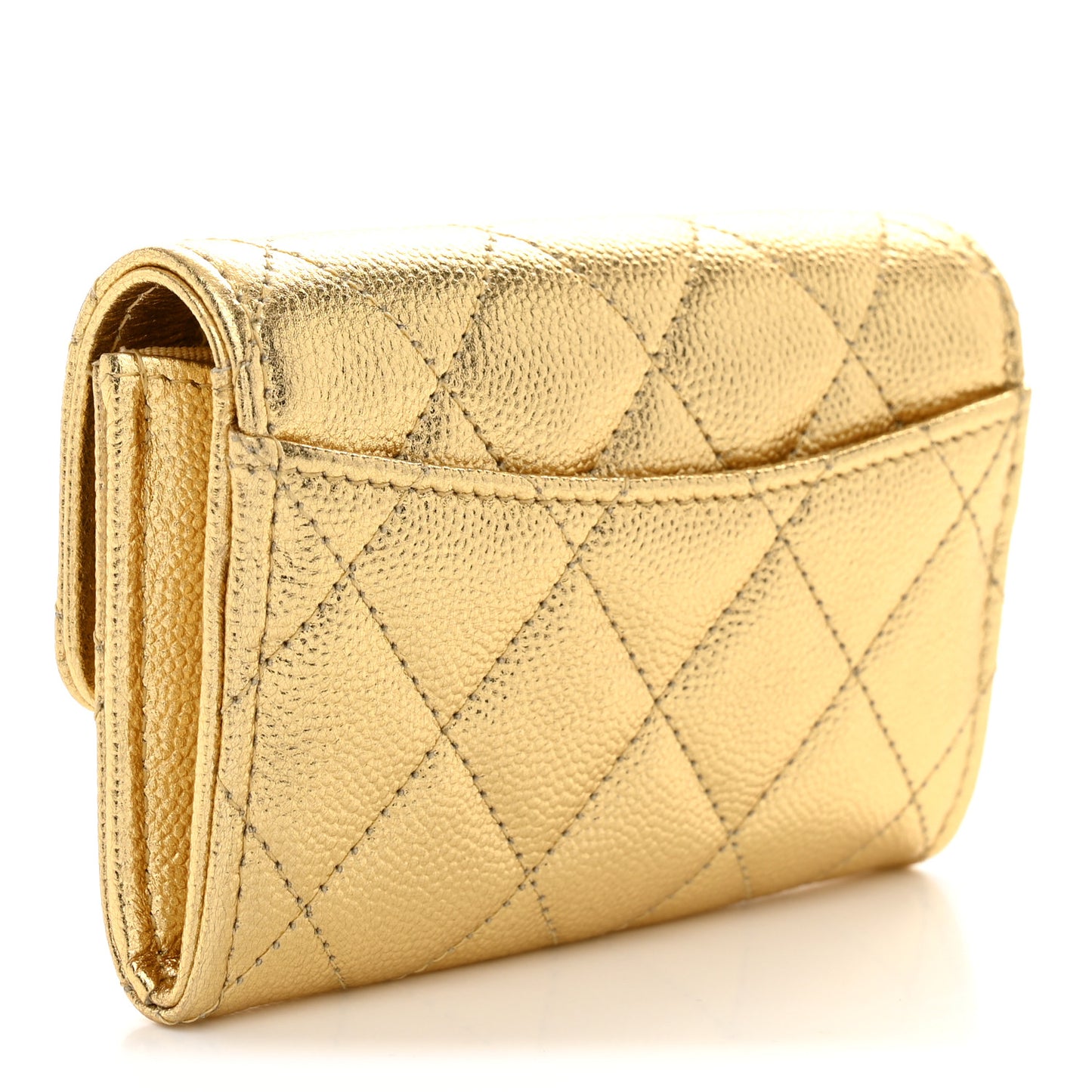 Metallic Caviar Quilted Flap Card Holder Wallet Gold
