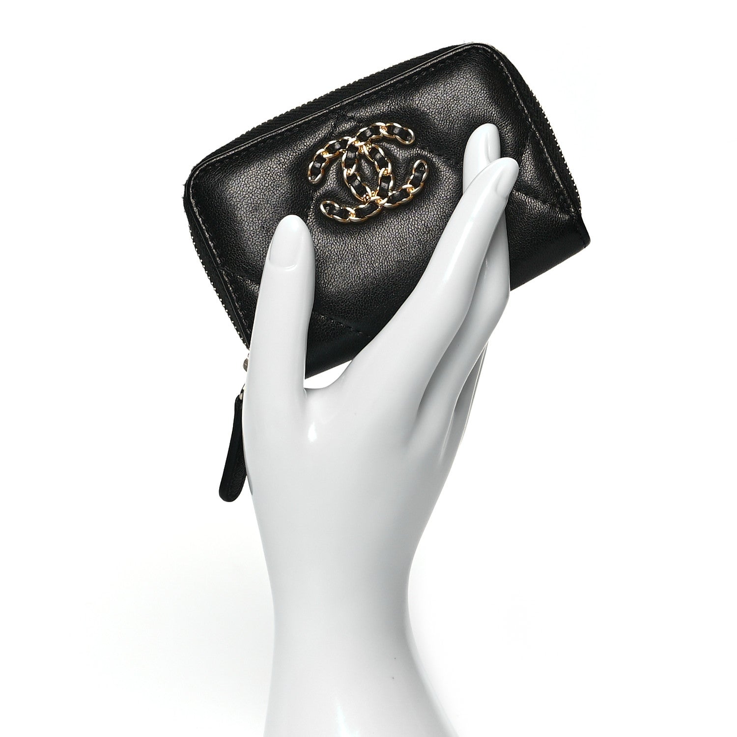 Chanel Shiny Goatskin Quilted Chanel 19 Zip Around Coin Purse Wallet Black 2 of 8
