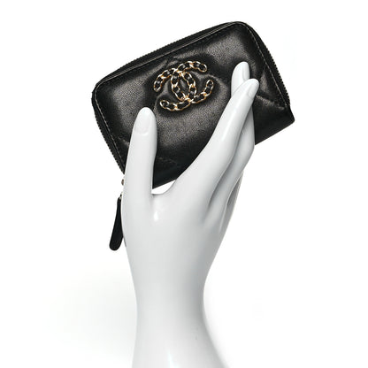 Chanel Shiny Goatskin Quilted Chanel 19 Zip Around Coin Purse Wallet Black 2 of 8