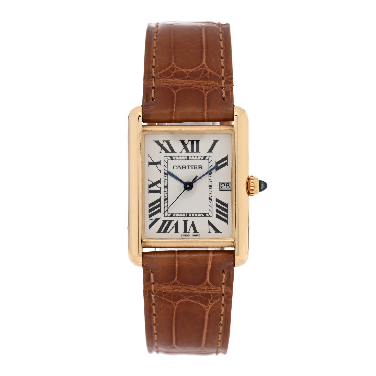 18K Yellow Gold Alligator 26mm Tank Louis Quartz Watch Brown