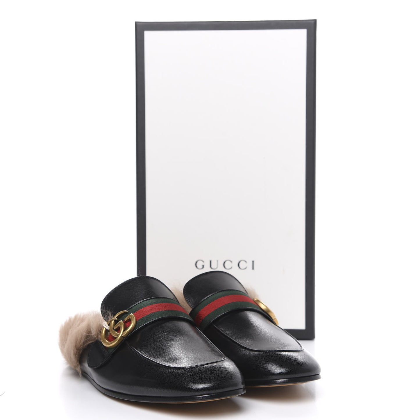 Goatskin Fur Web GG Mens Princetown Slippers 9.5 Black