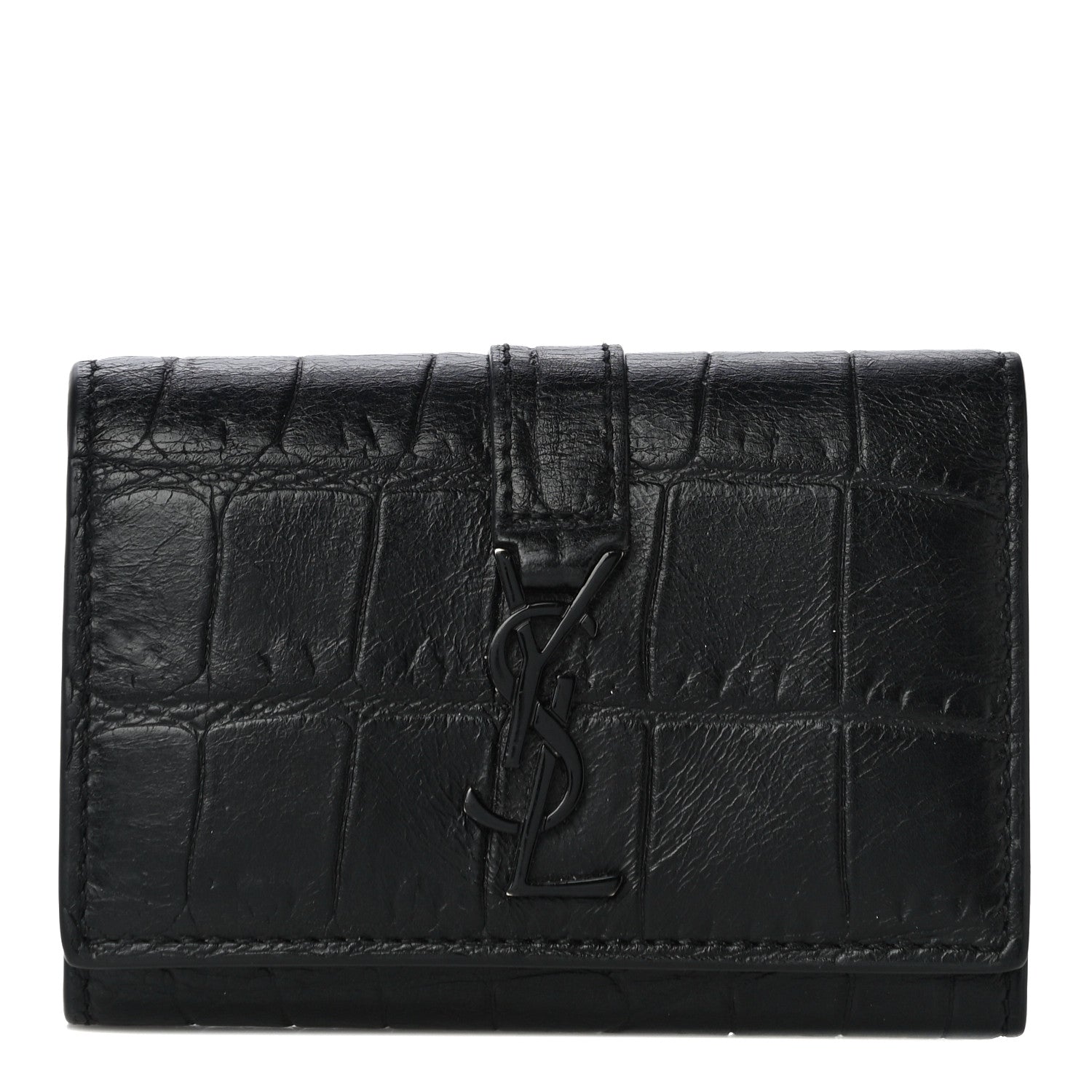 Saint Laurent Calfskin Crocodile Embossed Key Holder Wallet Black 1 of 11