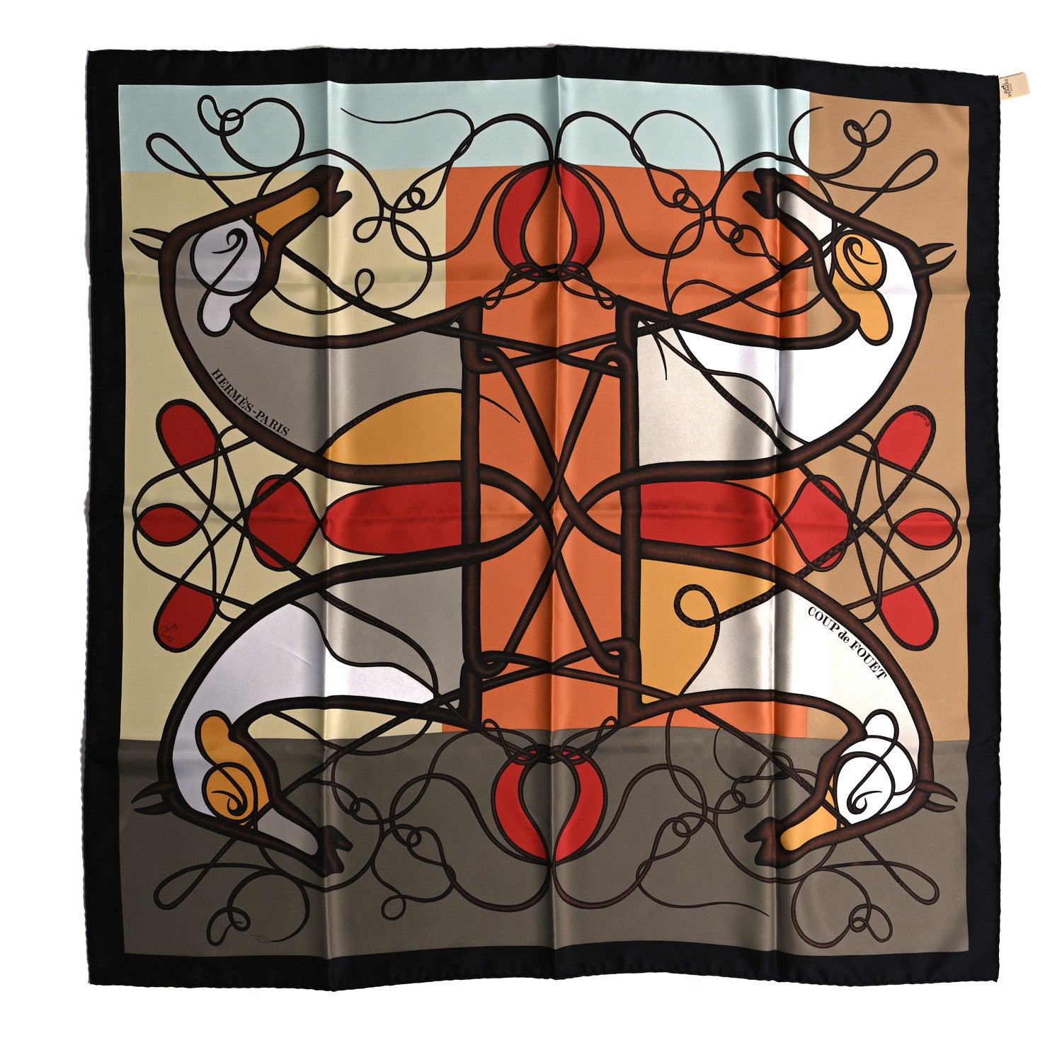 Hermes Silk Soie Coup De Fouet Scarf 90 Black Etoupe Gris 1 of 3