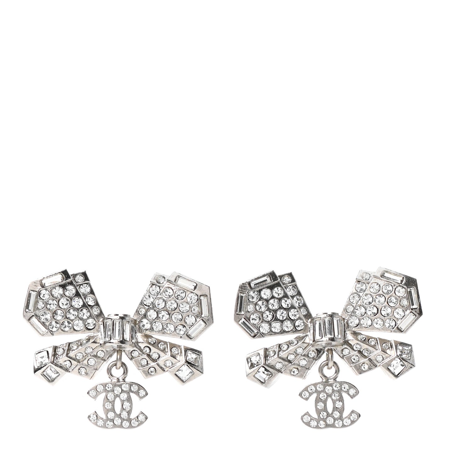 Crystal CC Bow Dangle Earrings Silver