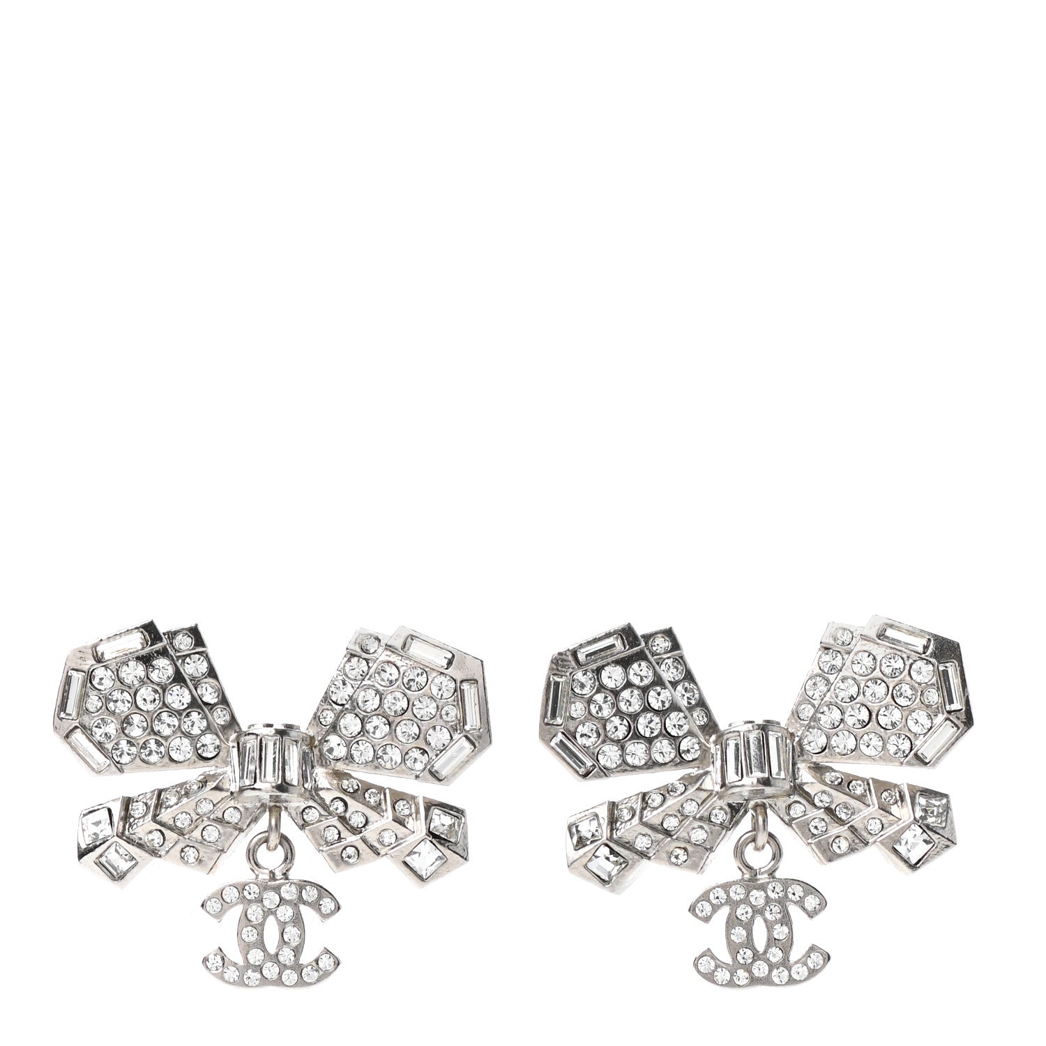 Chanel Crystal CC Bow Dangle Earrings Silver 1 of 4