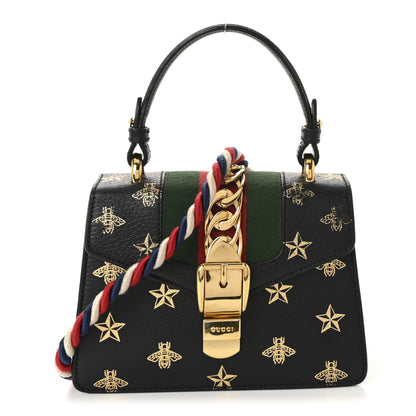 Gucci Textured Calfskin Bee Star Print Mini Sylvie Top Handle Bag Black 1 of 10